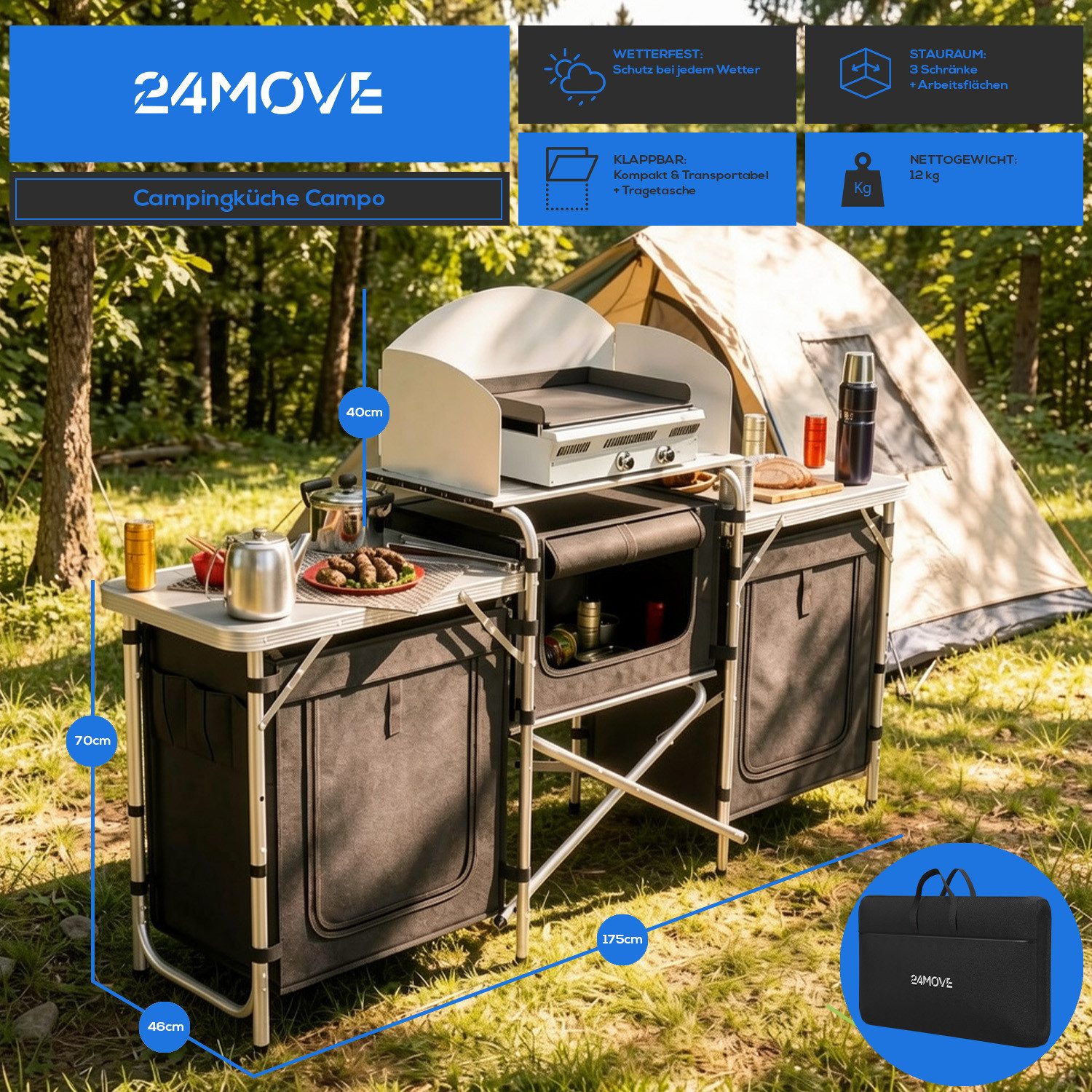 24Move Campingschrank Campingküche CAMPO Alu Outdoorküche (faltbar, inkl. Windschutz und Tragetasche) mit Arbeitsplatte und Staufächern