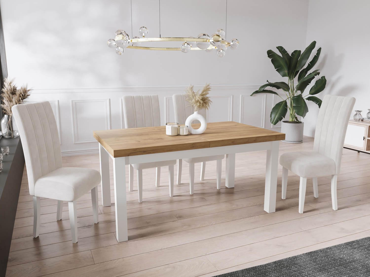 WFL GROUP Esstisch Avena ausziehbar rechteckig modern mit weißen Holzbeinen (MADE IN EU, 5 Gr. – 120/140/160/170/200 cm ausziehbar auf 160/180/210/250/300 cm), platzsparender Tisch in Holzoptik für Küche, Esszimmer oder Wohnzimmer