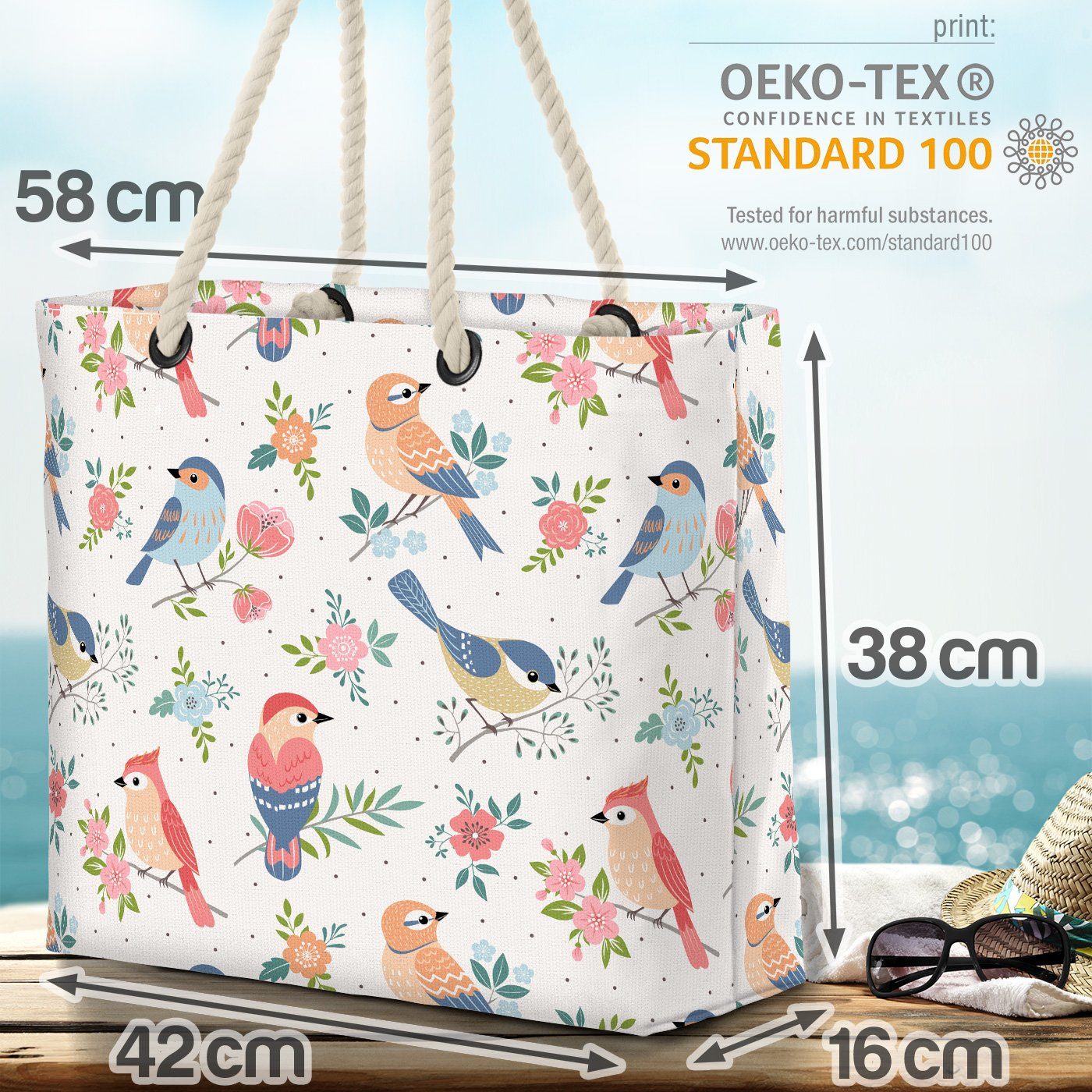 (1-tlg), geblümt Blüten Bag süß Spatz Florale Beach Vogel Kinder VOID Blumen-Muster Vögel Strandtasche