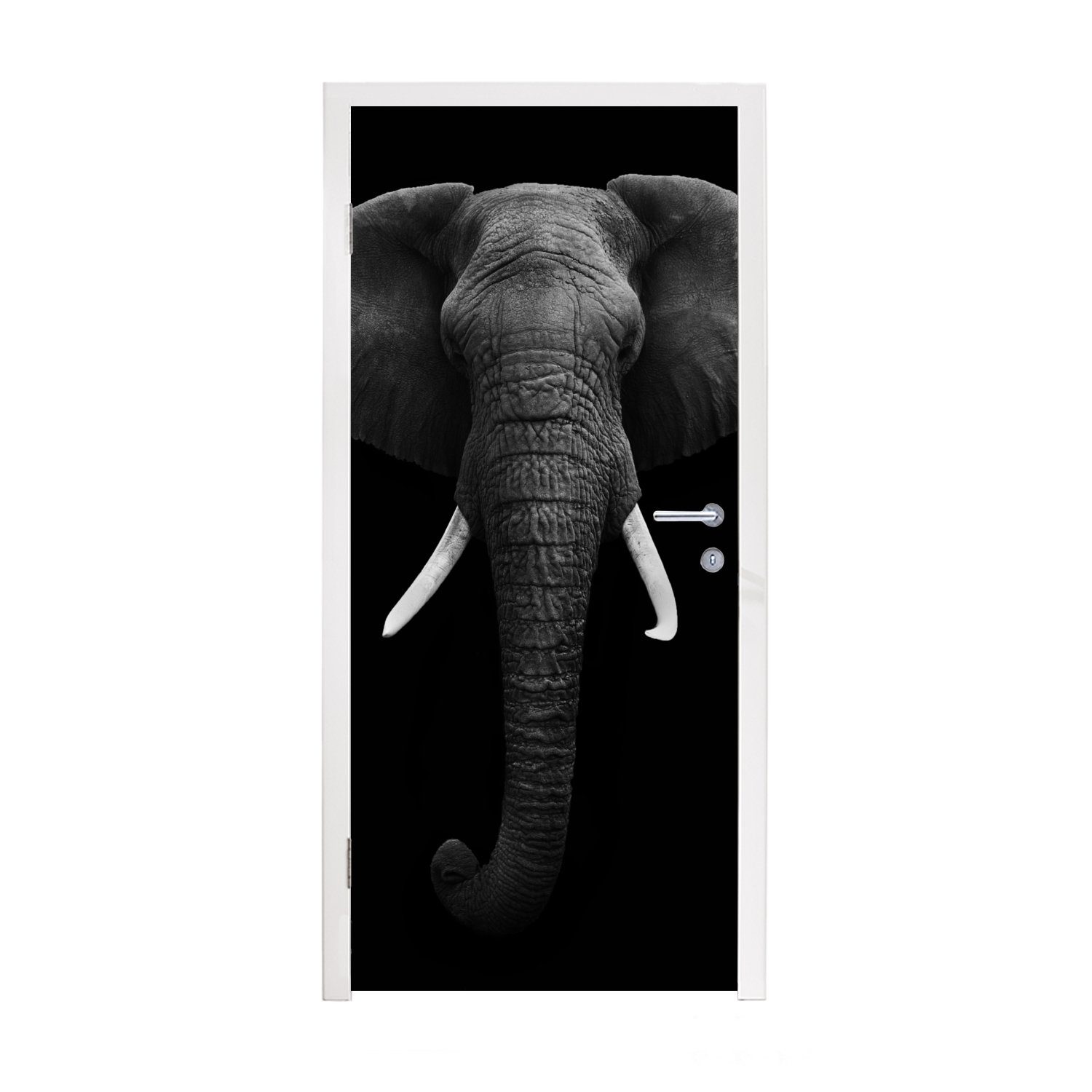 MuchoWow Türtapete Elefant - Wildtiere - Schwarz - Weiß - Porträt, Matt, bedruckt, (1 St), Fototapete für Tür, Türaufkleber, 75x205 cm