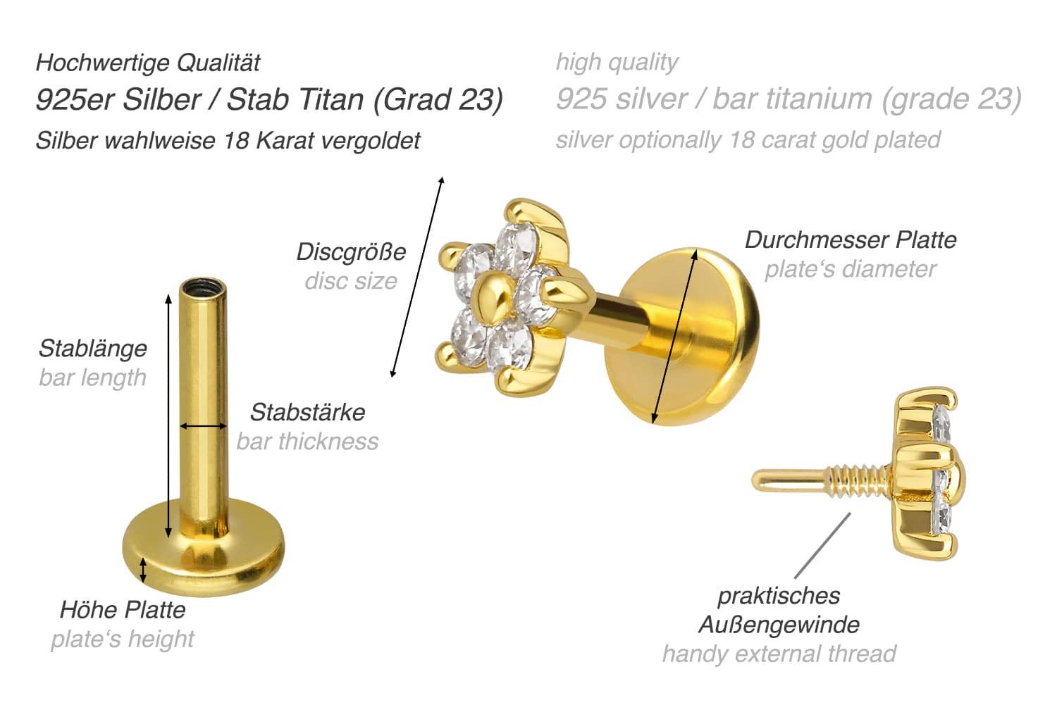 PIERCINGLINE Piercing-Set Titan Labret mit Innengewinde + 925er Silber Aufsatz MOISSANIT-BLUME (Labrets, 1-tlg)