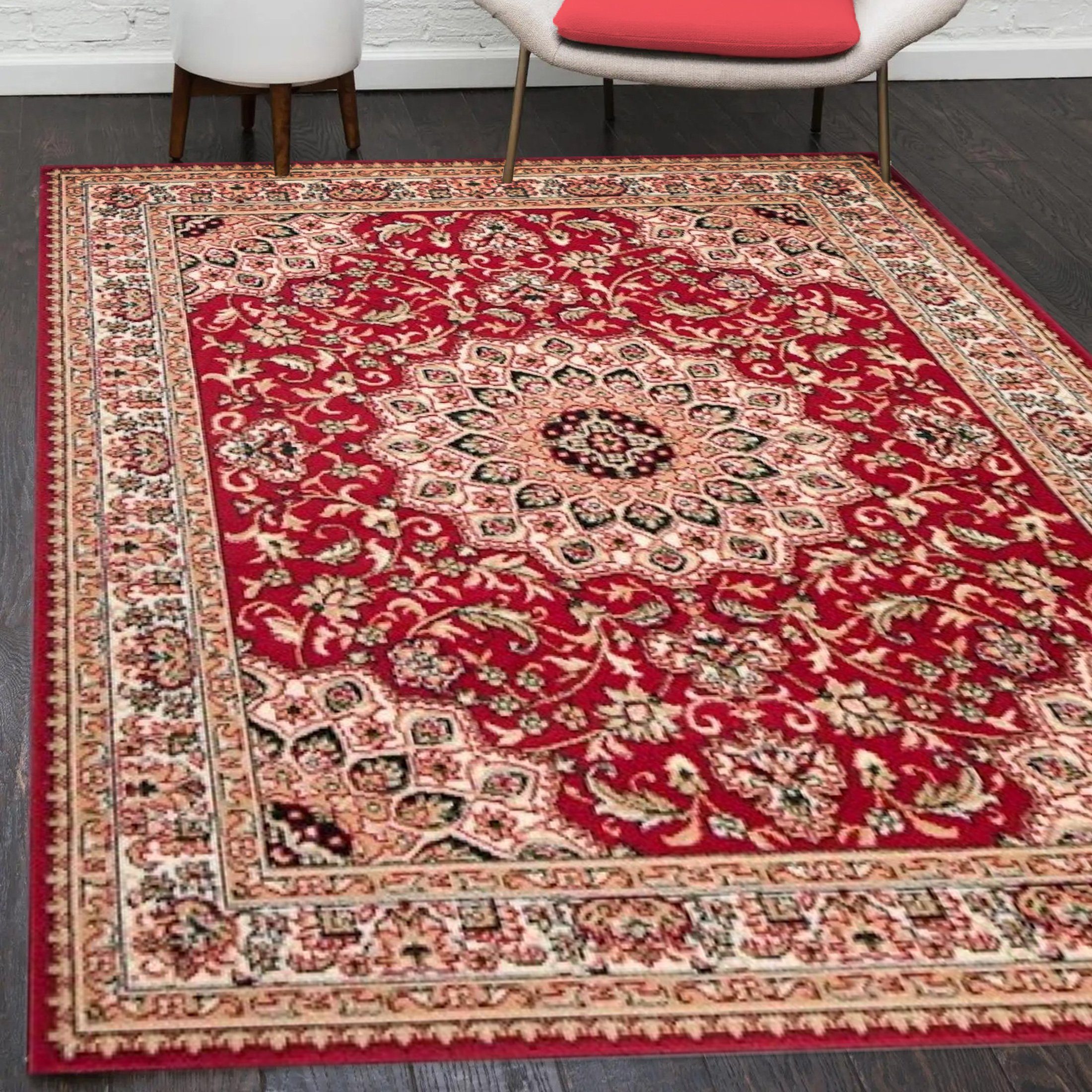 Orientteppich Orientalisch Vintage Teppich Kurzflor Wohnzimmerteppich Rot, Mazovia, 60 x 100 cm, Fußbodenheizung, Allergiker geeignet, Farbecht, Pflegeleicht Rot / F740A-RED | Alle Teppiche
