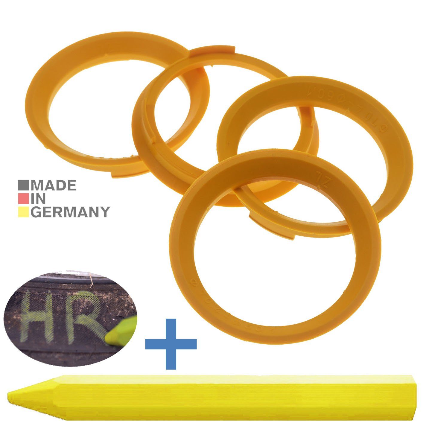 RKC Reifenstift 4X Zentrierringe Gelb Felgen Ringe + 1x Reifen Kreide Fett Stift, Maße: 70,4 x 60,1 mm