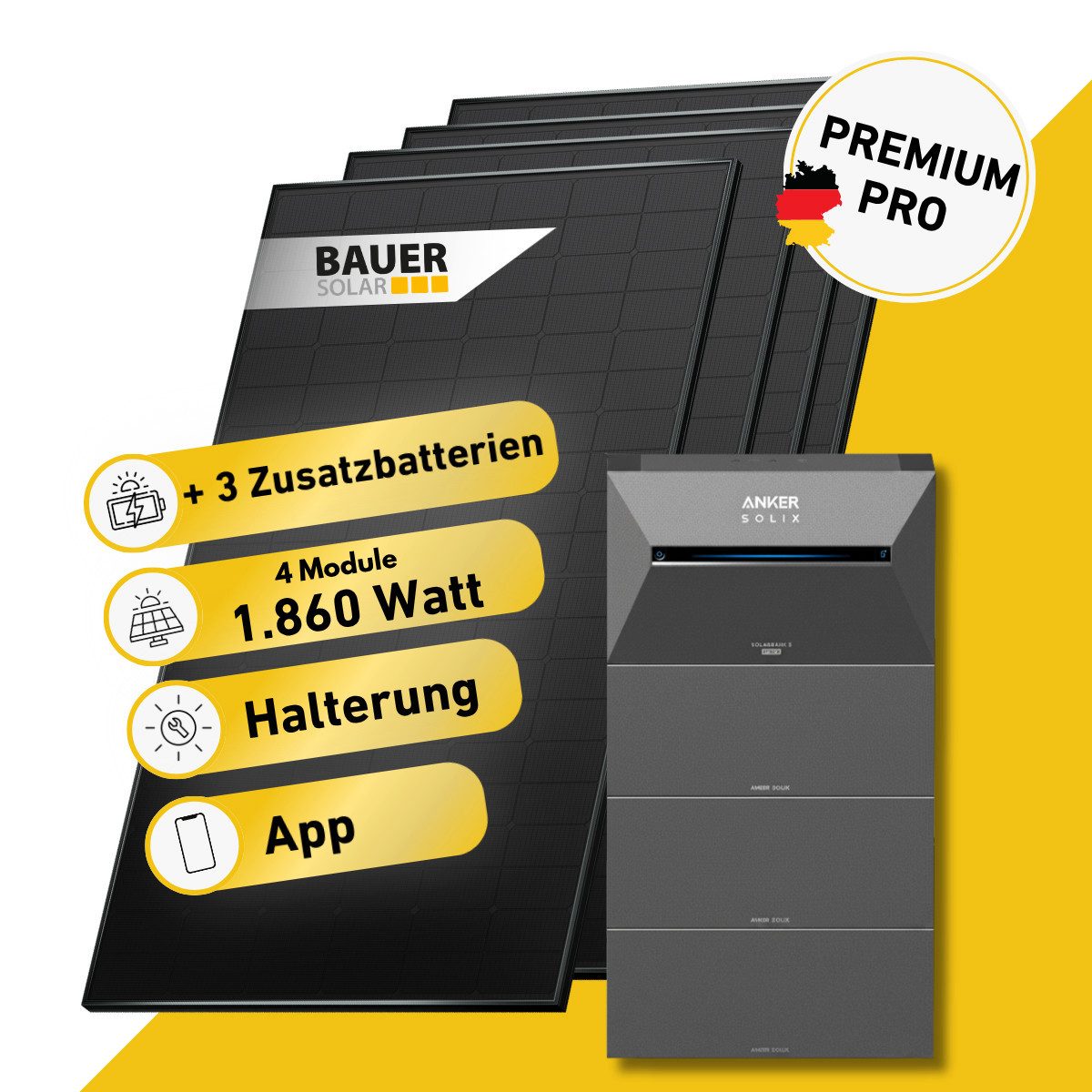 Balkonstrom Balkonkraftwerk PREMIUM Pro 1860 Watt Solaranlage mit Speicher Komplettset Bifazial, 1860 W, Monokristallin, (4x BAUER Solarmodul á 465 Watt, 1x Anker Solix 3 Pro Solarspeicher E2700, 1-4 Zusatzspeicher BP2700), Halterung für Dach, Fassade, Balkon & Garten, App & Plug&Play DE