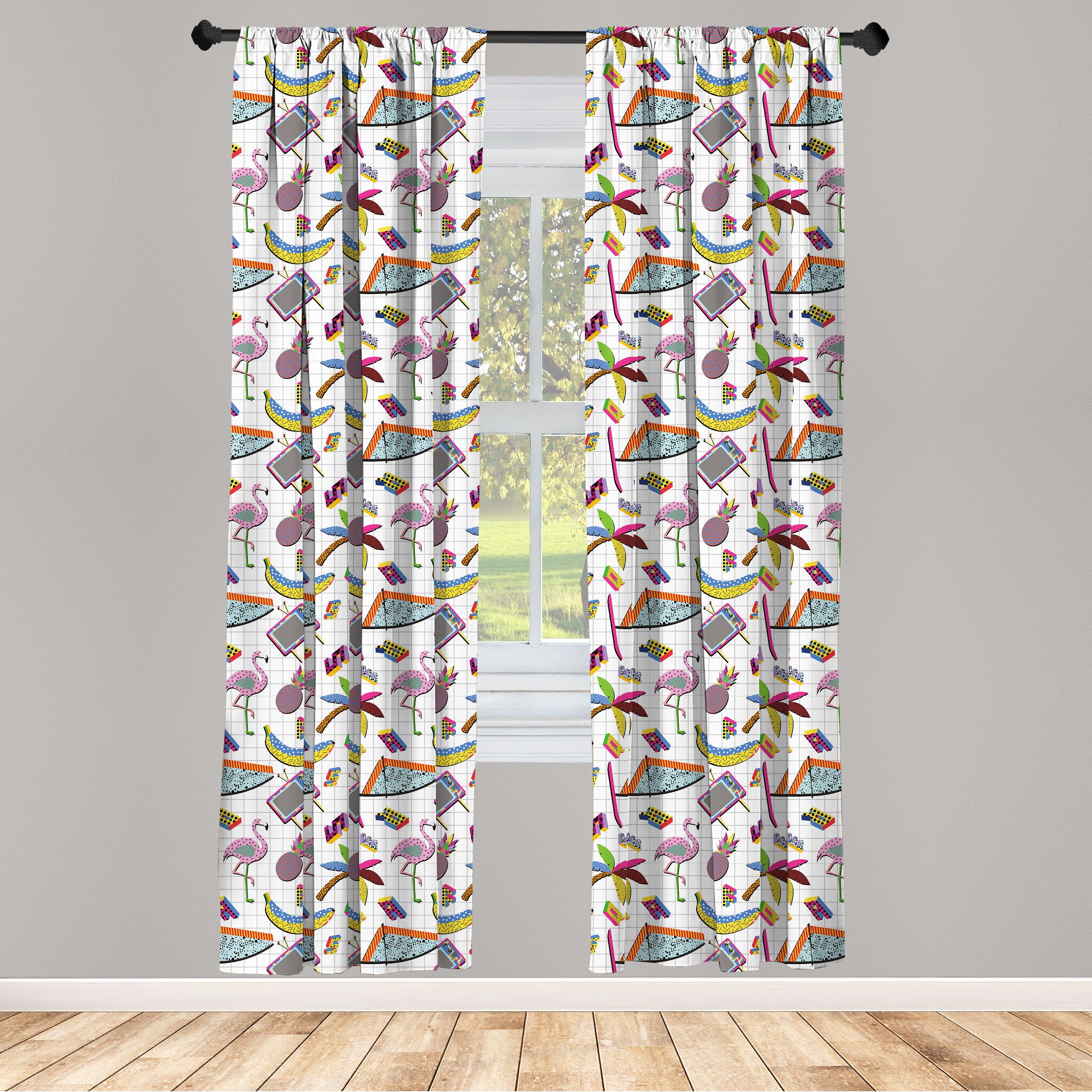 Gardine Vorhang für Wohnzimmer Schlafzimmer Flamingo Memphis Dekor, Bunte 80er Microfaser, Abakuhaus