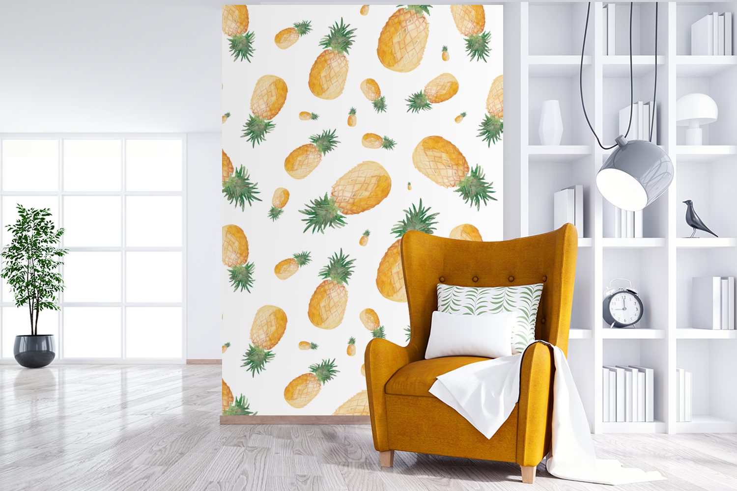 Montagefertig Ananas Muster, bedruckt, für (3 Aquarellfarbe Wohnzimmer, MuchoWow - Wandtapete Vinyl - Tapete Fototapete St), Matt,