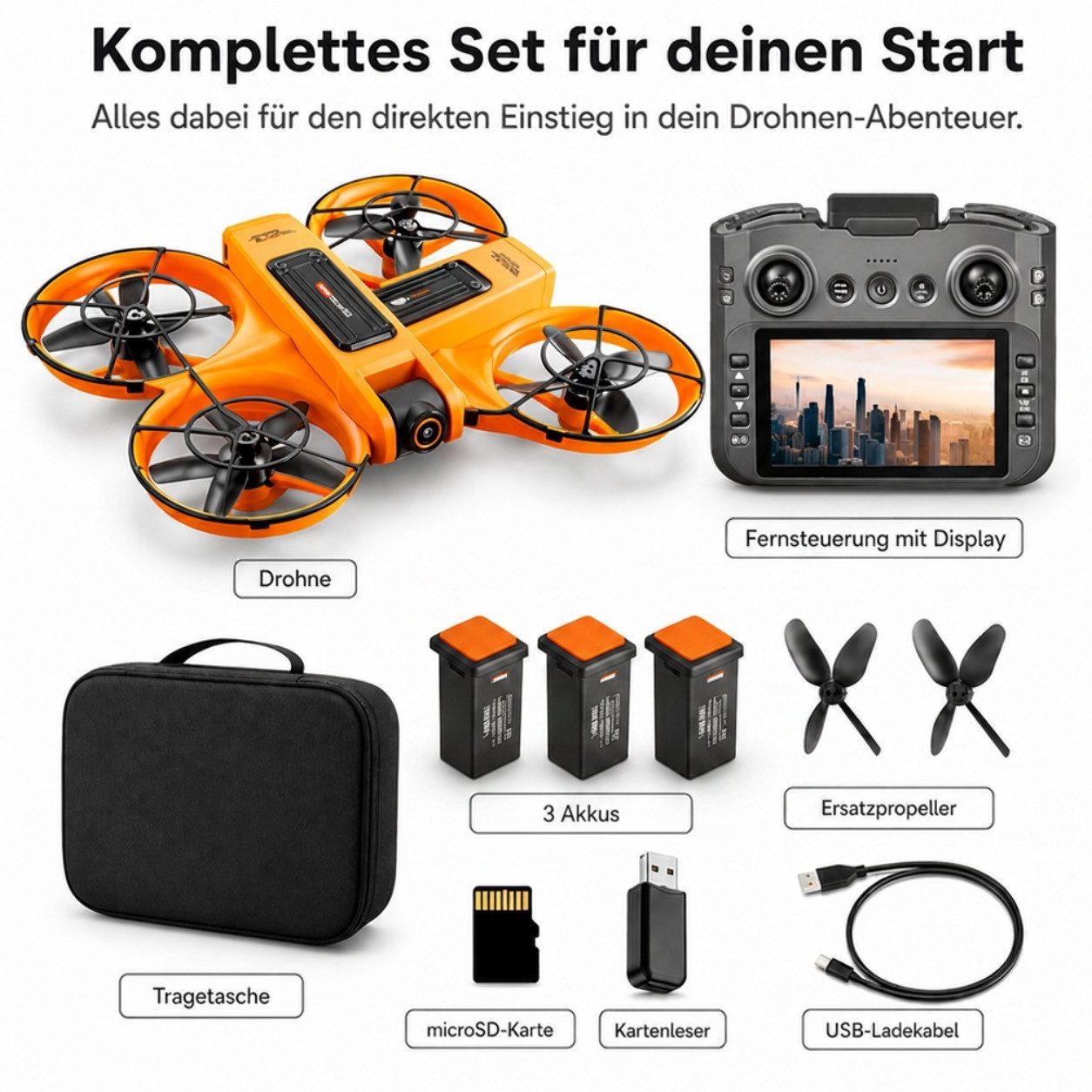 Goldstern-Tech RC-Quadrocopter Drohne (mit 12,5-cm Full-HD Display-Fernsteuerung bis 60min Flugzeit, komplett geschütztem Propellerdesign inkl. 8GB SD-Karte), Dualkamera mit 90° Winkel & 50x Zoom, Optical-Flow, Brushless-Motoren