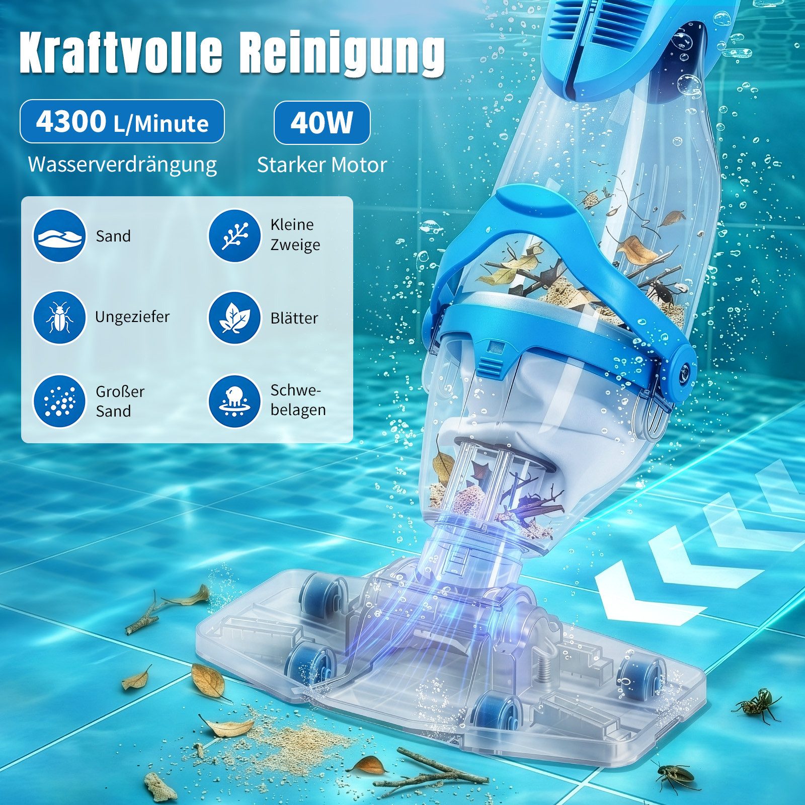 LALAHO Poolbodensauger Poolsauger, kabelloser 40W-Poolsauger mit starker Saugkraft