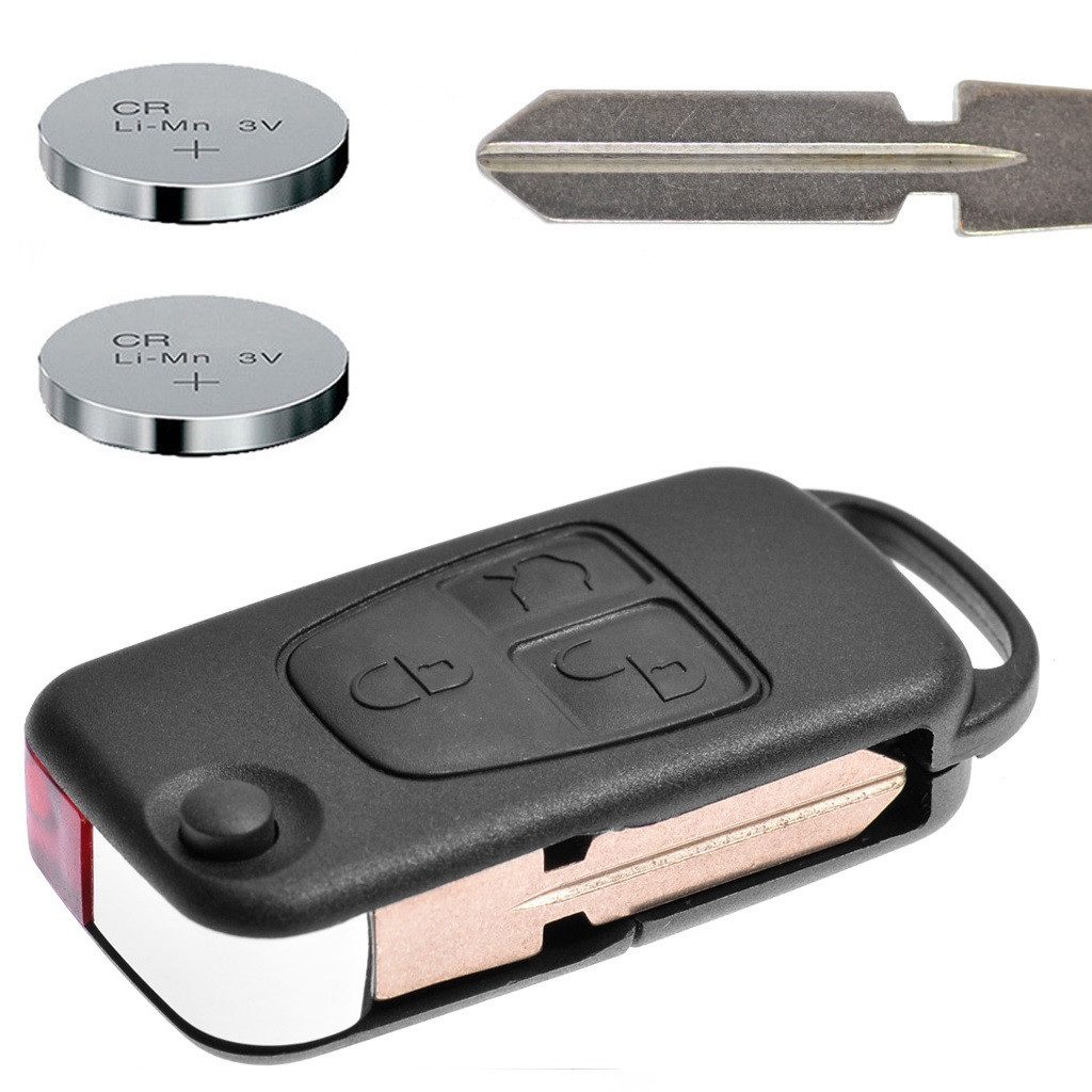 mt-key Auto Klapp Schlüssel 3 Tasten + HU39 Rohling + 2x passende CR2025 Knopfzelle, CR2025 (3 V), für Mercedes Benz W210 E-Kl W163 ML 98-05 SL Funk Fernbedienung