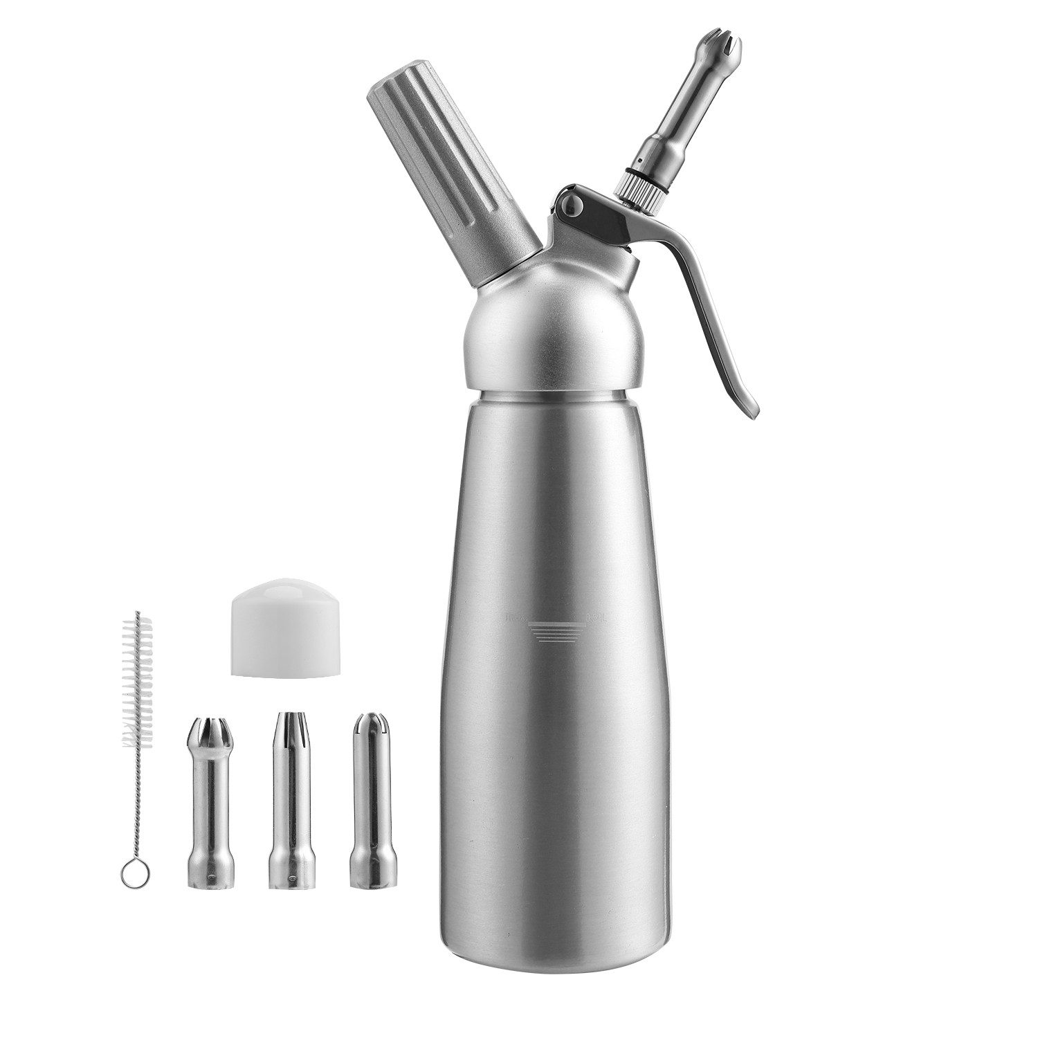 Clanmacy Sahnesyphon 500ml Sahnespender Aluminium Profi Sahnesyphon Дозаторы крема 3 Düsen, (Aluminium, 3 Edelstahl Tüllen und 1 Reinigungbürste, 1-tlg) für die Zubereitung von Schlagsahne Mousse