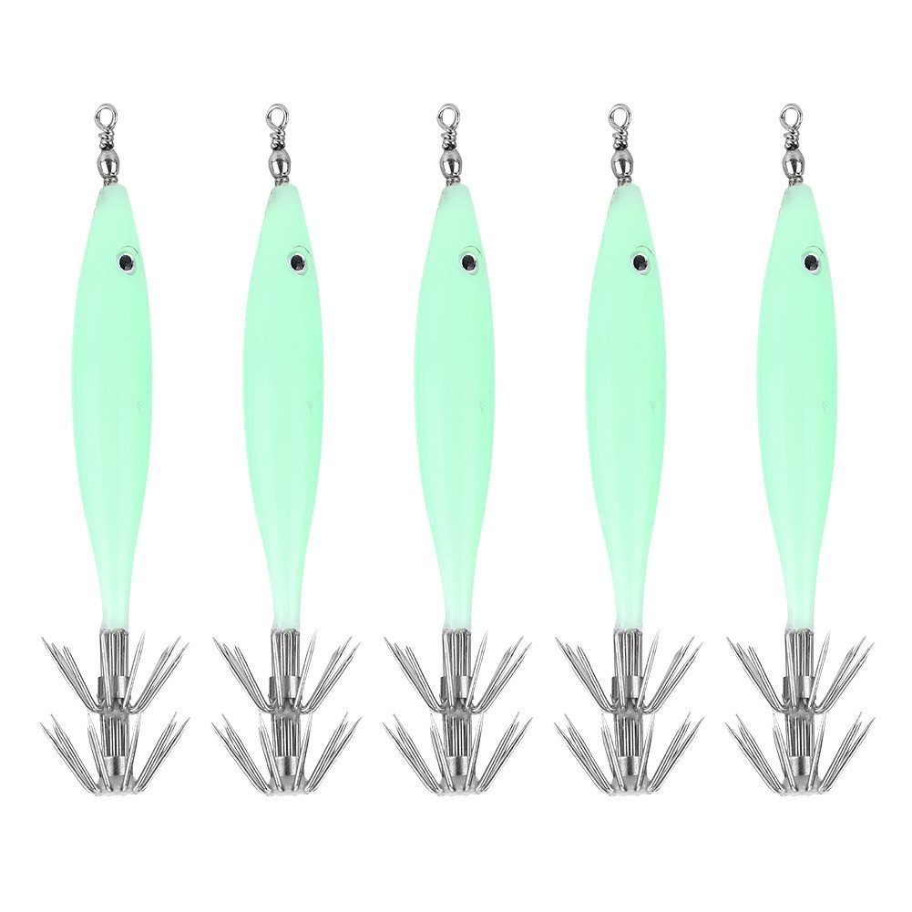 GARRYFIZH Kunstköder 5x Tintenfisch-Jigs leuchtend 8cm EGI Köder mit 3D-Augen & Glow-Effekt, Leuchtende Squid Jigs, 3D-Augen, Edelstahl-Haken, für Tintenfische