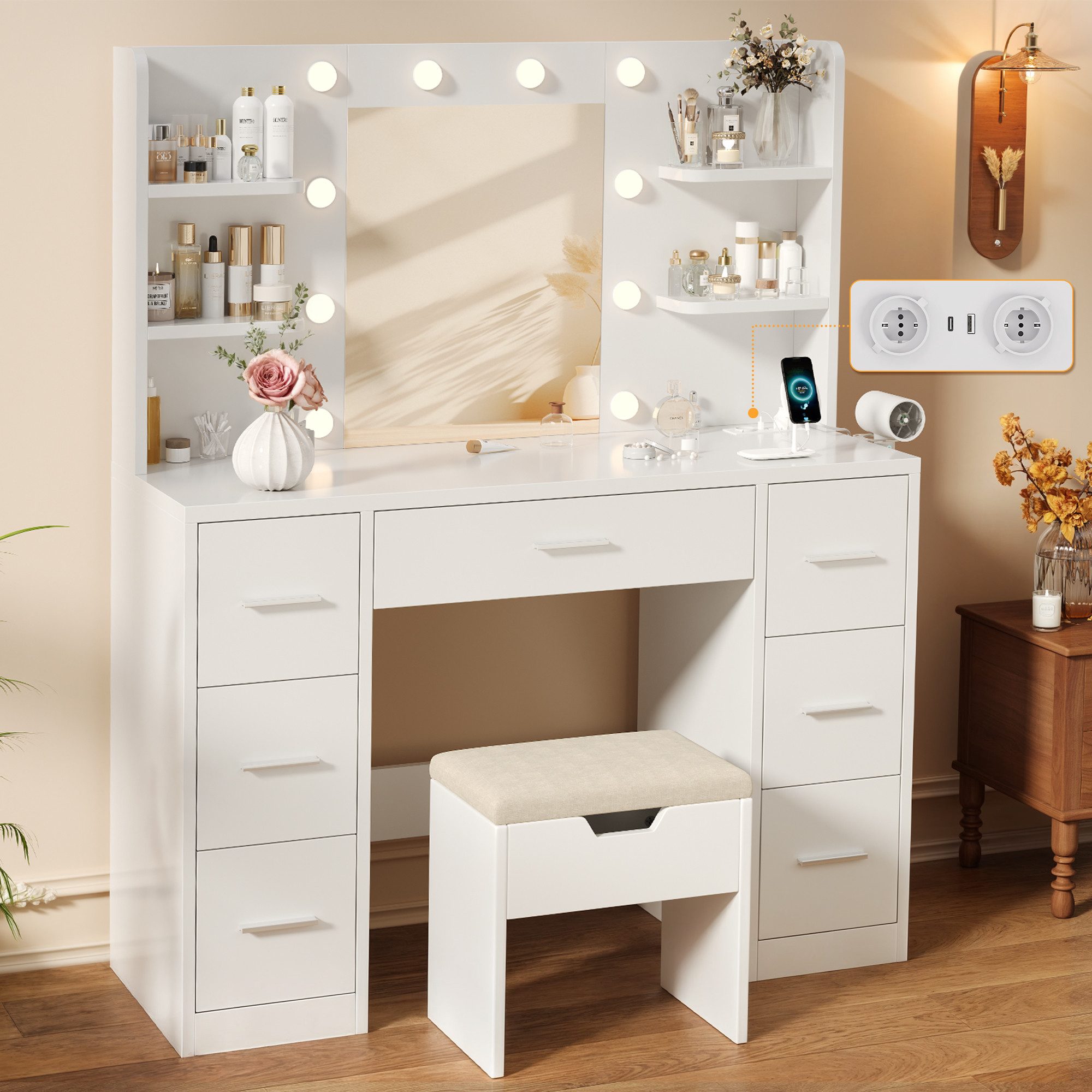 HOMALL Schminktisch mit Spiegel, LED-Beleuchtung, einstellbare Helligkeit, ostern (Langex Brete x Hthe) 90/110 x 40x 135 cm. B ofene Facher (2 seitiche Facher sind nach inks und rechts verschiebban. 2 groBe Schubladen)