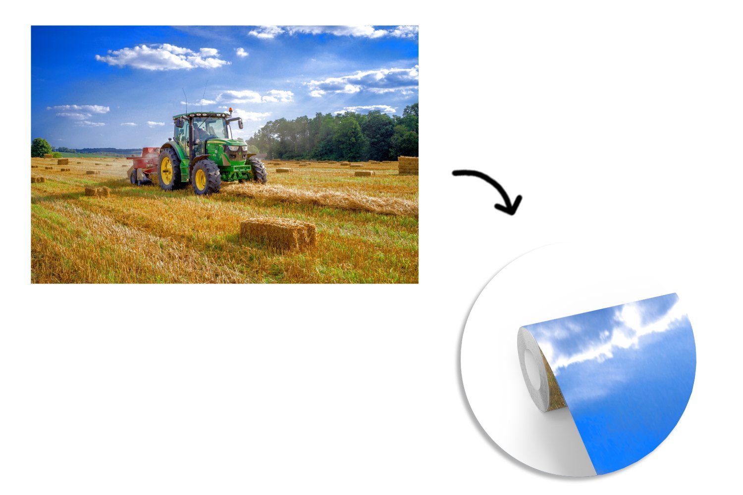 MuchoWow Fototapete Traktor - Bauernhof - Heu - Feld - Sonne - Landleben, Matt, bedruckt, Wallpaper für Wohnzimmer, Schlafzimmer, Vinyl Tapete, 390x260 cm