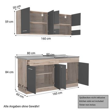 Homestyle4u Küchenbuffet Küchenzeile ohne Geräte 160 Küche Einbauküche Grau