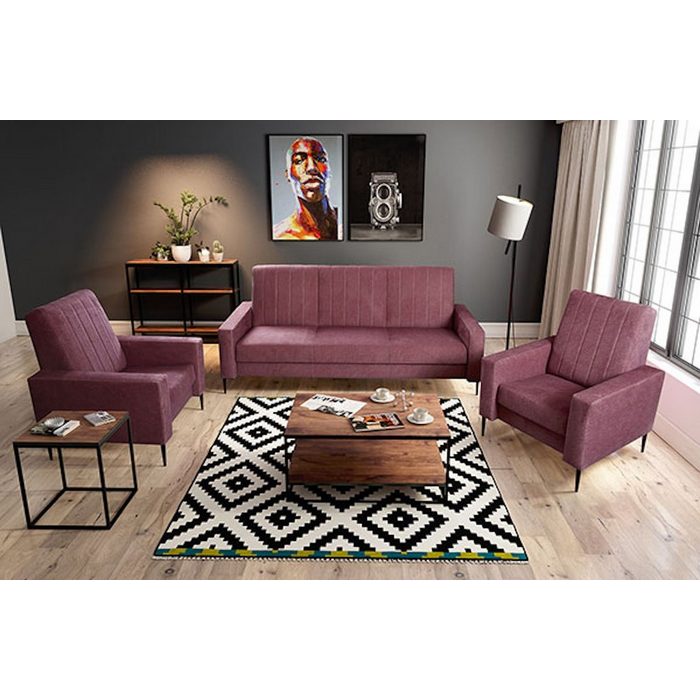 Feldmann-Wohnen Polstergarnitur Toronto Farbe wählbar 3-tlg 1 Sofa & 2 Sessel Schlaffunktion und Bettkasten