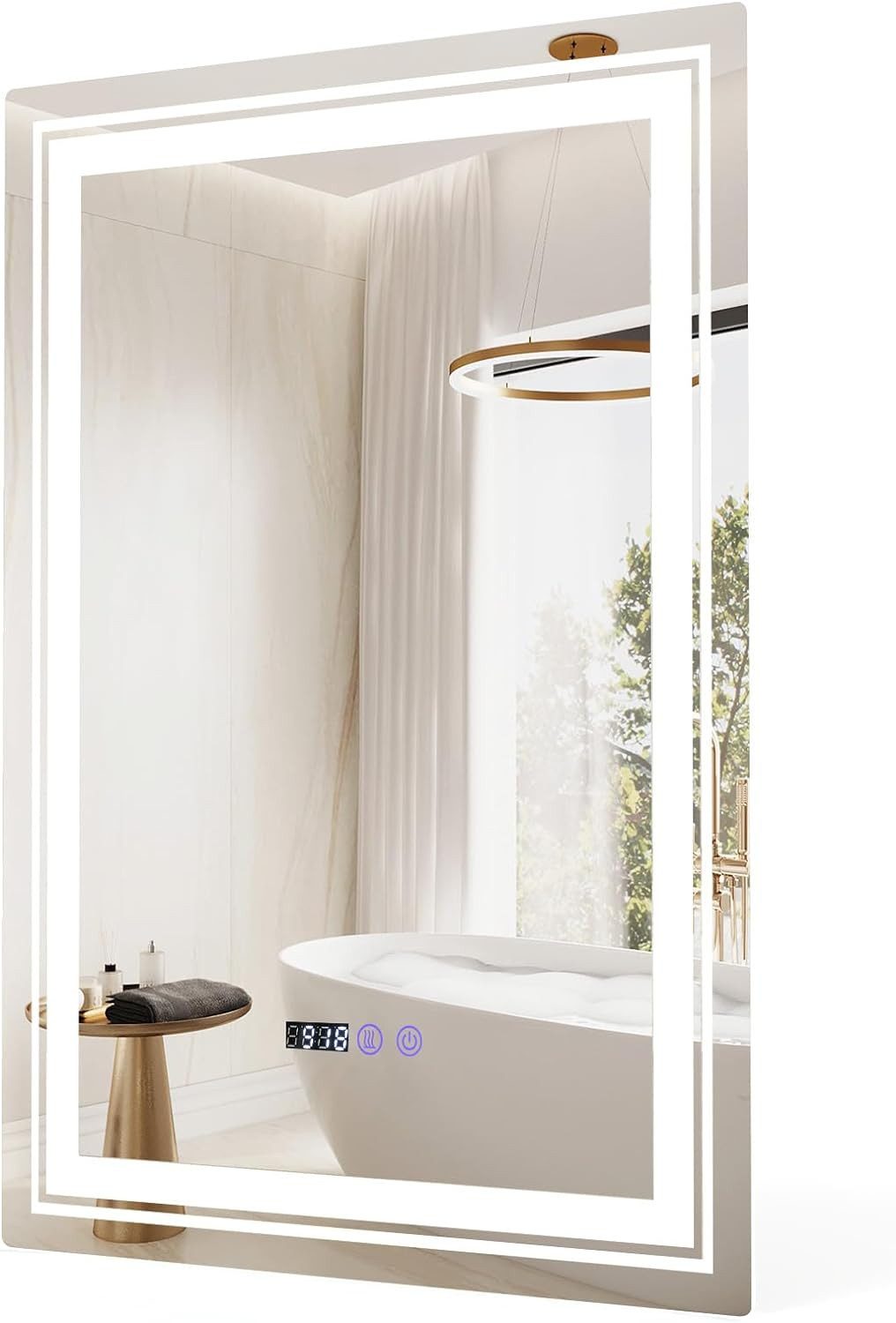 KOMFOTTEU Badspiegel, mit 3 Lichtfarben & Beschlagfrei, Uhr & Temperatur