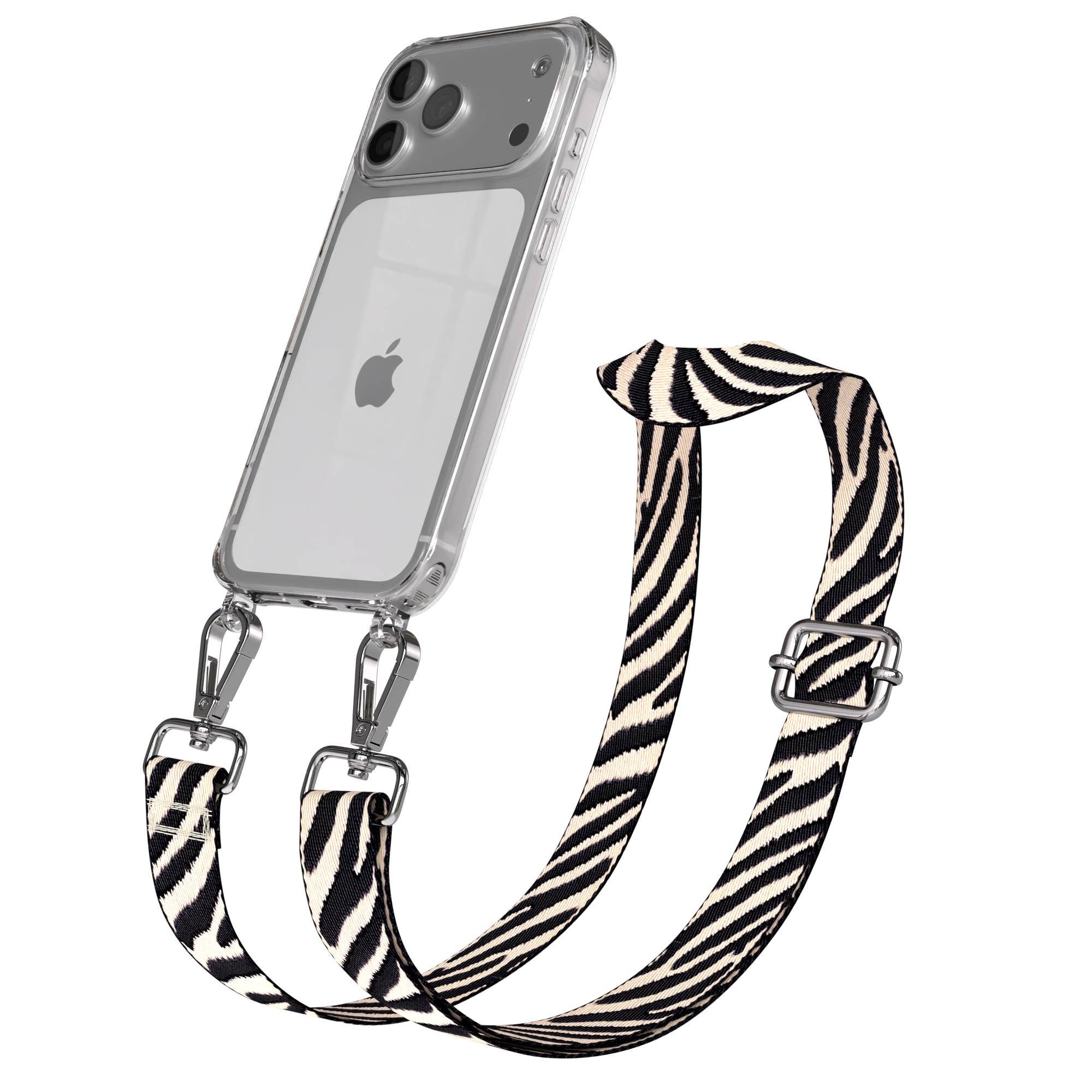 EAZY CASE Handykette Silikonhülle mit Kette für Apple iPhone 17 Pro Max 6,9 Zoll, Verstellbarer Zebra Trageriemen Case transparent Kette Schwarz Beige