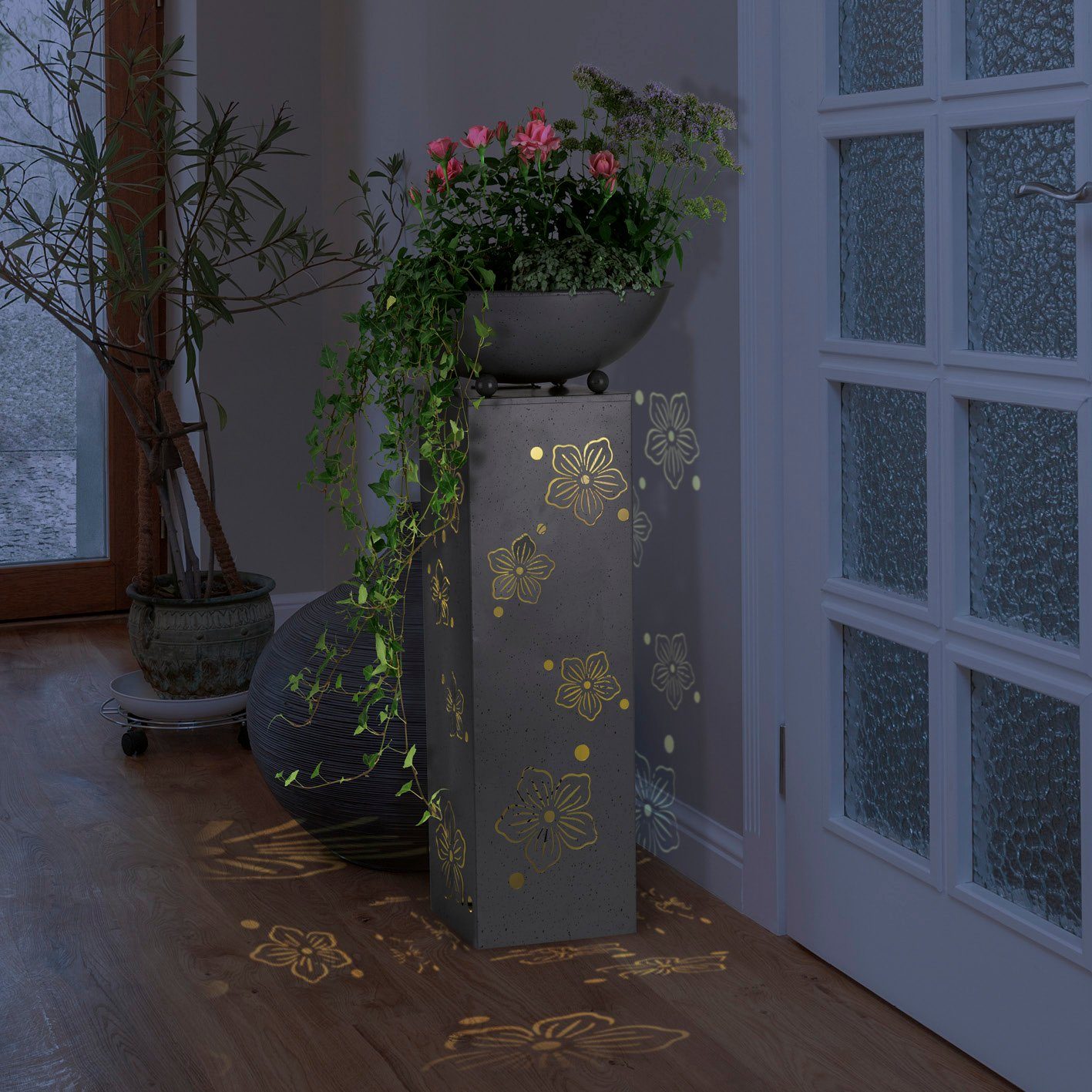 Hoberg Dekosäule LED Pflanzsäule 3D Säule Blume LED-Beleuchtung Pflanzkübel Deko Pflanzgefäß Beton-Optik 72cm