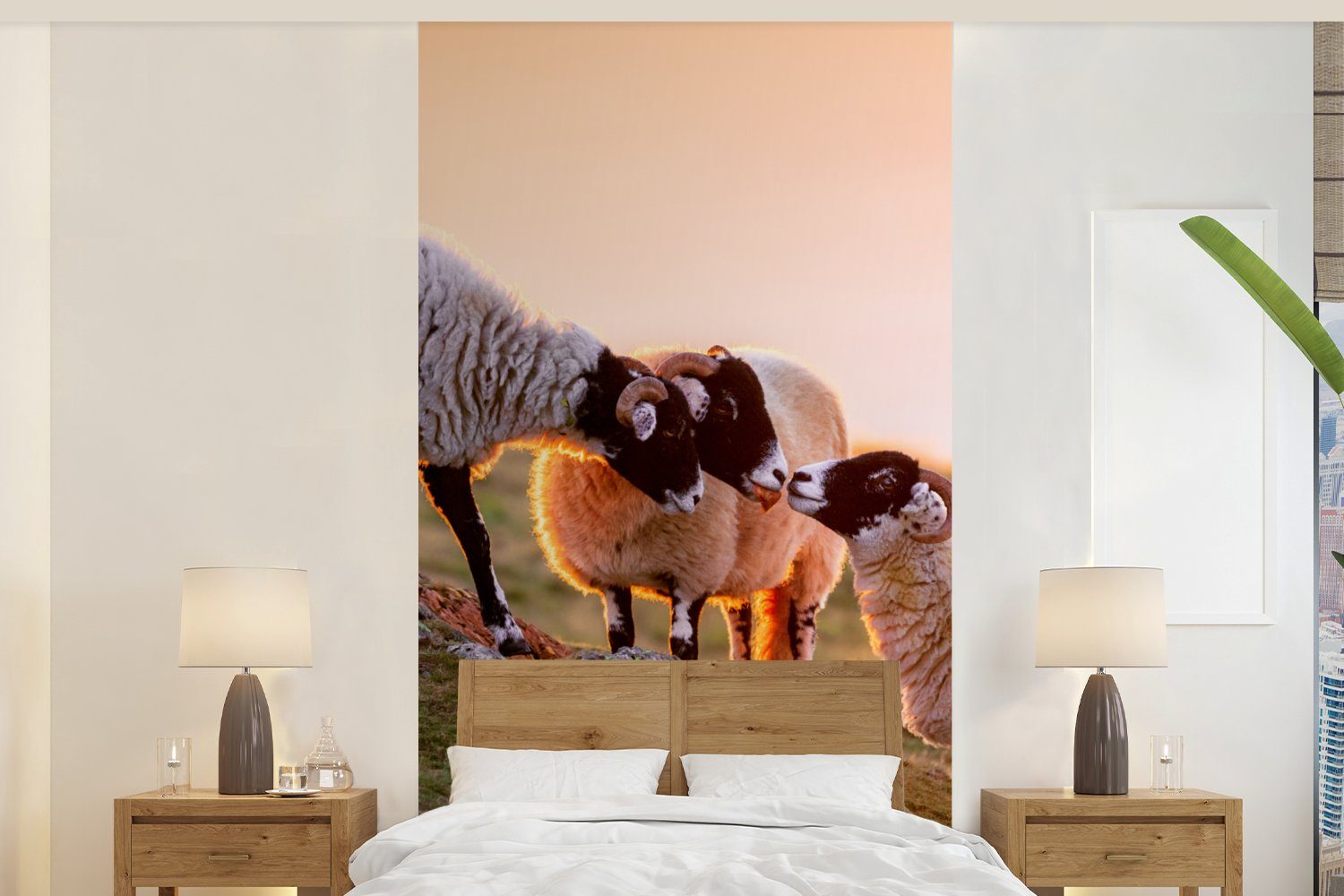 MuchoWow Fototapete Schafe - Tiere - Sonnenuntergang, Matt, bedruckt, (2 St), Vliestapete für Wohnzimmer Schlafzimmer Küche, Fototapete
