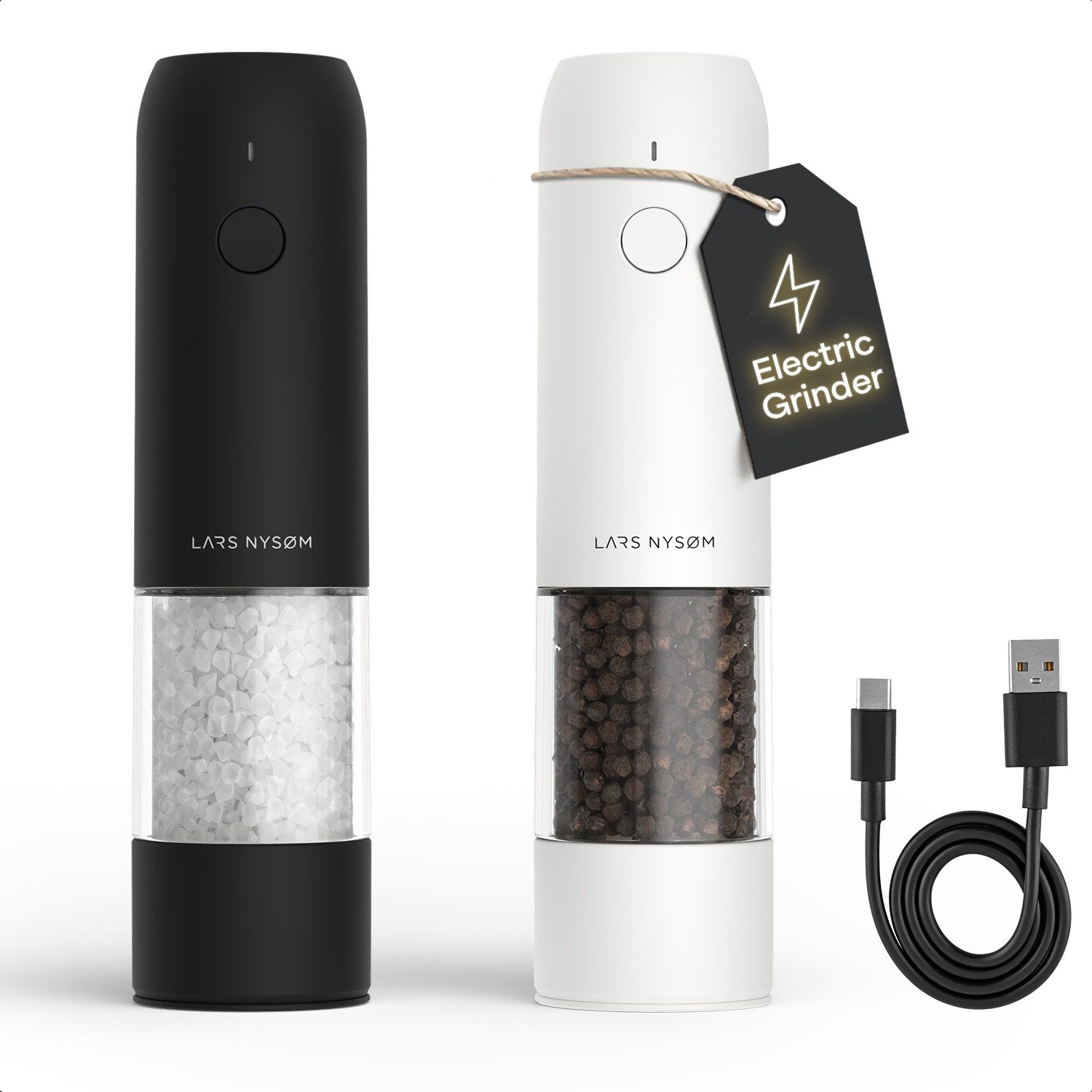 LARS NYSØM Gewürzmühle Kværne praktische Einhandbedienung per Drucktaste, (2 Stück), elektrische Salz- & Pfeffermühle mit eingebautem LED-Licht