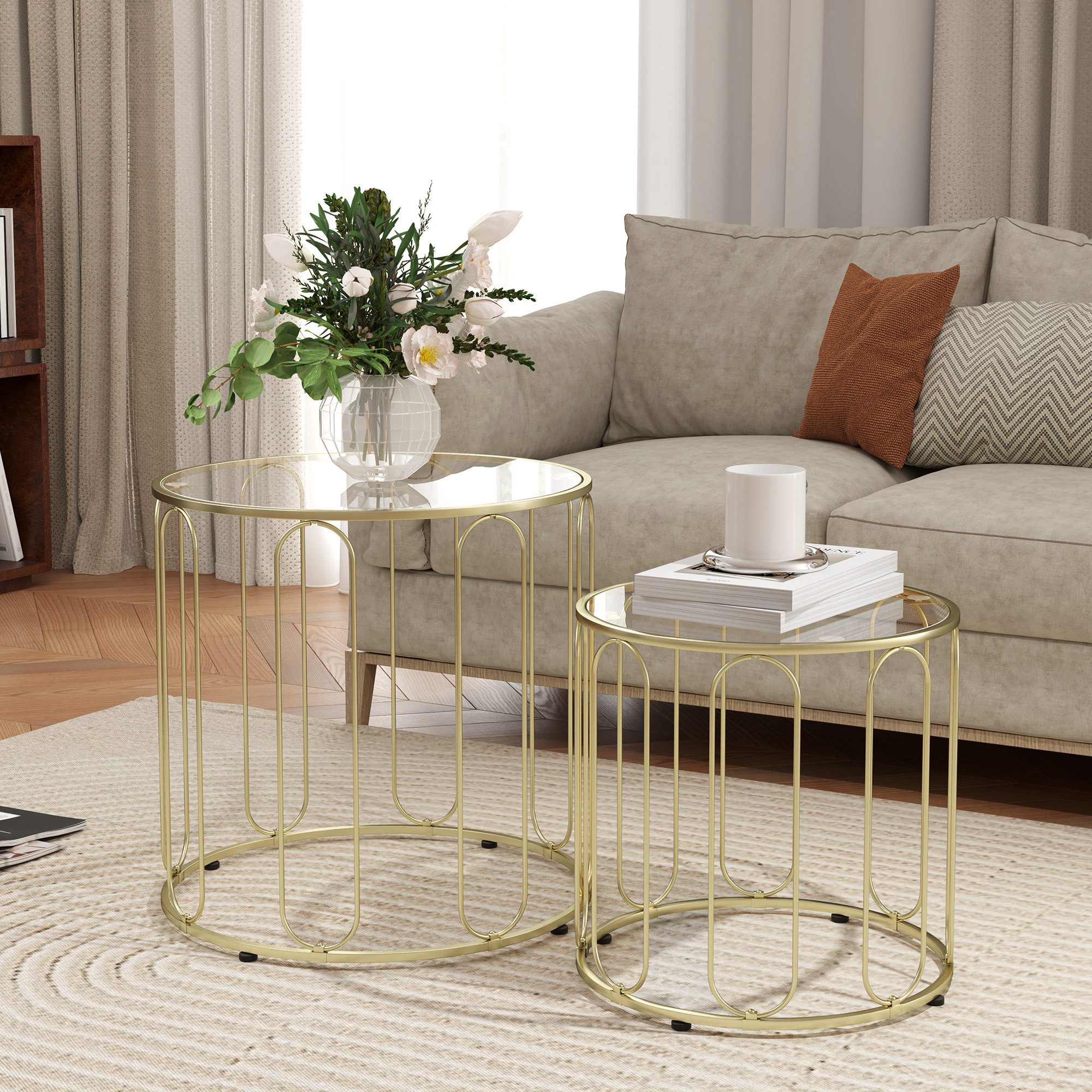 HOMCOM Couchtisch Beistelltisch Set Sofatisch mit geometrischem Metallrahmen, Glasplatte (Wohnzimmertisch, 2-St., Kaffeetisch), für Wohnzimmer, Gold