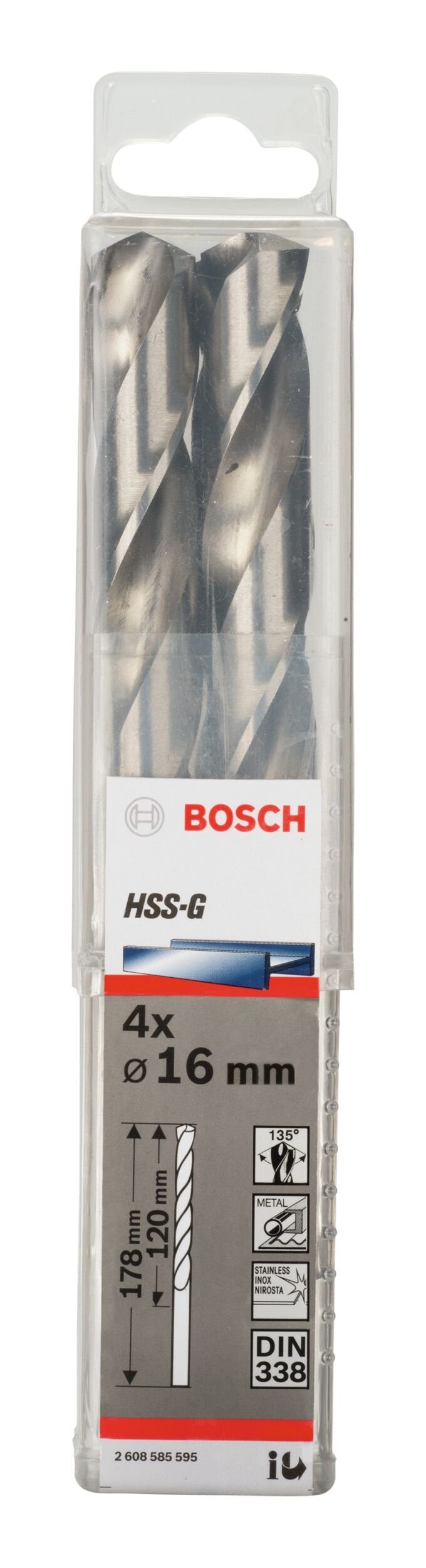 BOSCH Metallbohrer, - 16 (4 120 338) - 178 HSS-G x reduziertem Stück), mit mm (DIN Schaft x 4er-Pack