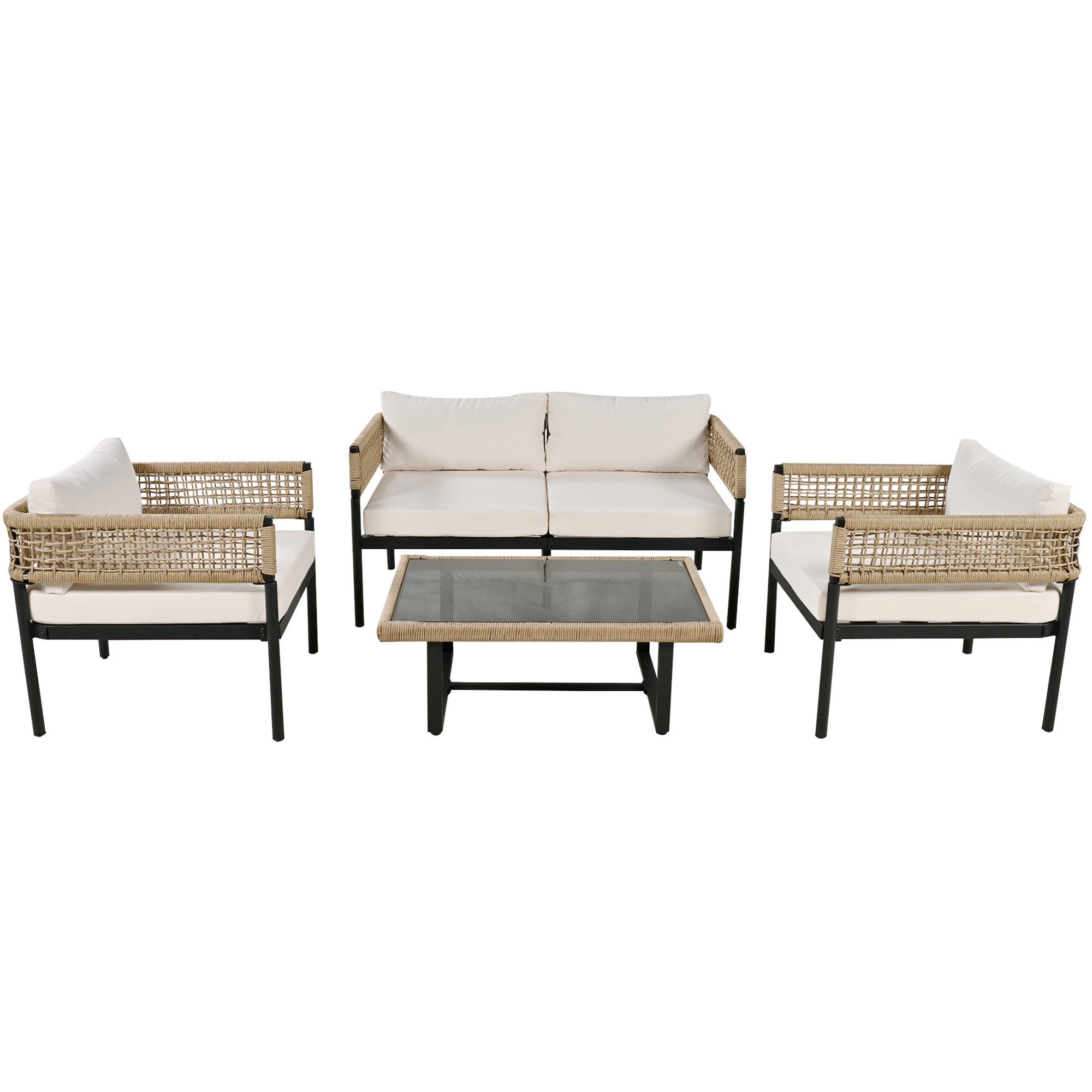 BlingBin Gartenlounge-Set Gartenmöbel Set 7-8 Personen, Outdoor Lounge Sitzgruppe, (1er Set, 1-tlg., mit Sofatisch & 2 Einzelsofa, Ecksofa-Set aus Metal & Seile), für Garten Balkon Terrasse, inkl. Kissen, wetterfest Gartenlounge Set