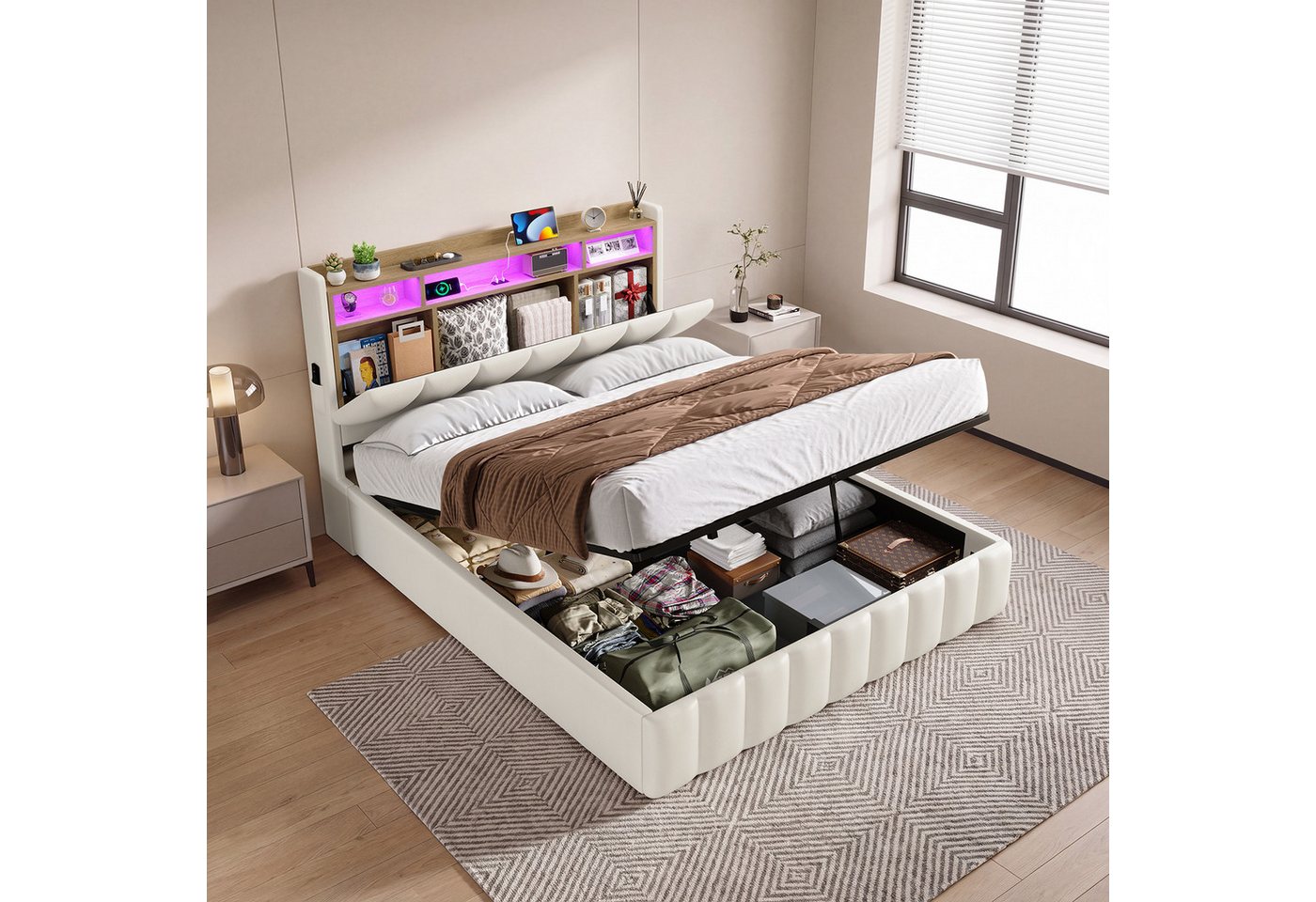 KIMENICH Polsterbett mit LED Beleuchtung und Ladefunktion (1-tlg., Ohne Matratze), Jugendbett Hydraulisches Stauraumbett, 140x200 cm