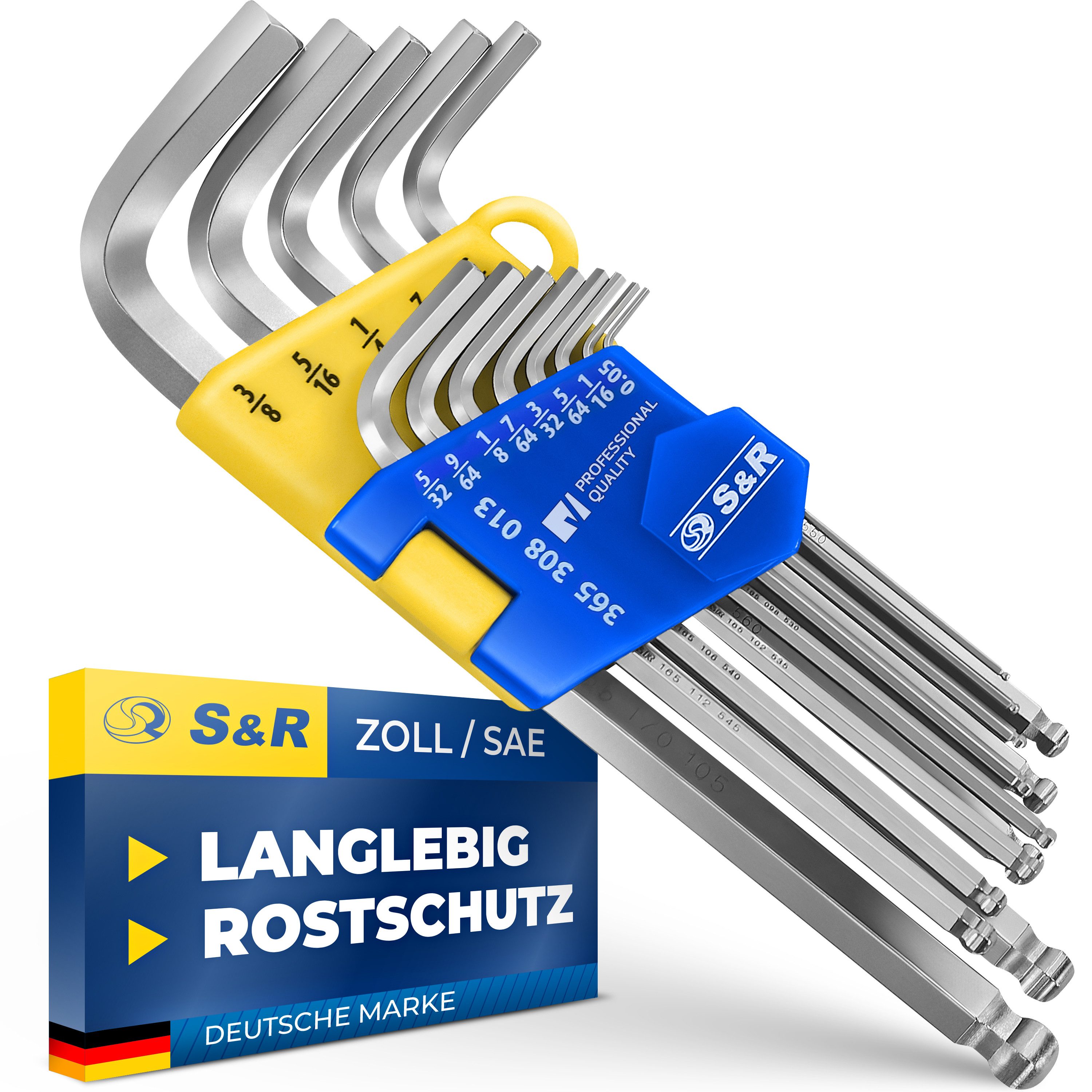 S&R Innensechskantschlüssel Innensechskantschlüssel Satz HX,13-tlg mit Kugelkopf in Kunststoffclip (Set, 13 St., 13-tlg, 0,05 bis 3/8 Zoll), 0,05 Zoll bis 3/8 Zoll, Cr-V-Stahl gehärtet, Korrosionsschutz