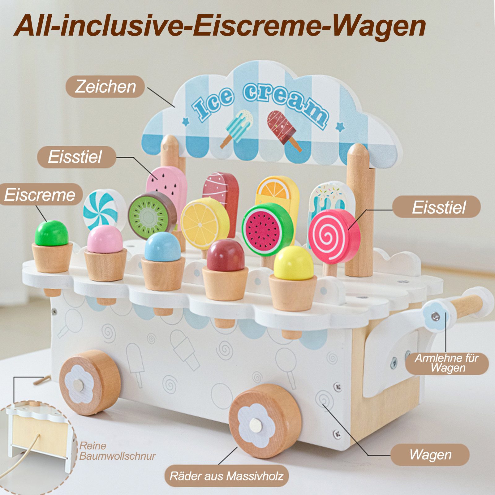 Esun Spielküche Eisdiele Kinder Holz, 3-in-1-Spielküche Zubehör mit EIS Spielzeug, Kinder Holz mit Aufbewahrung, Eisständer Kaufladen