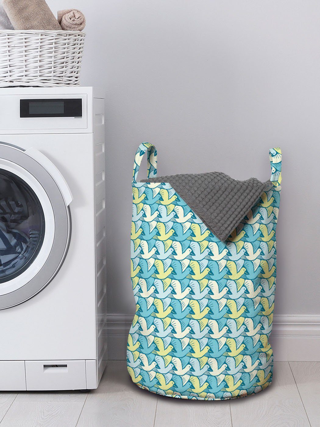 Abakuhaus Wäschesäckchen Wäschekorb mit Griffen Kordelzugverschluss Kreative Vögel Waschsalons, Muster wiederholendes für