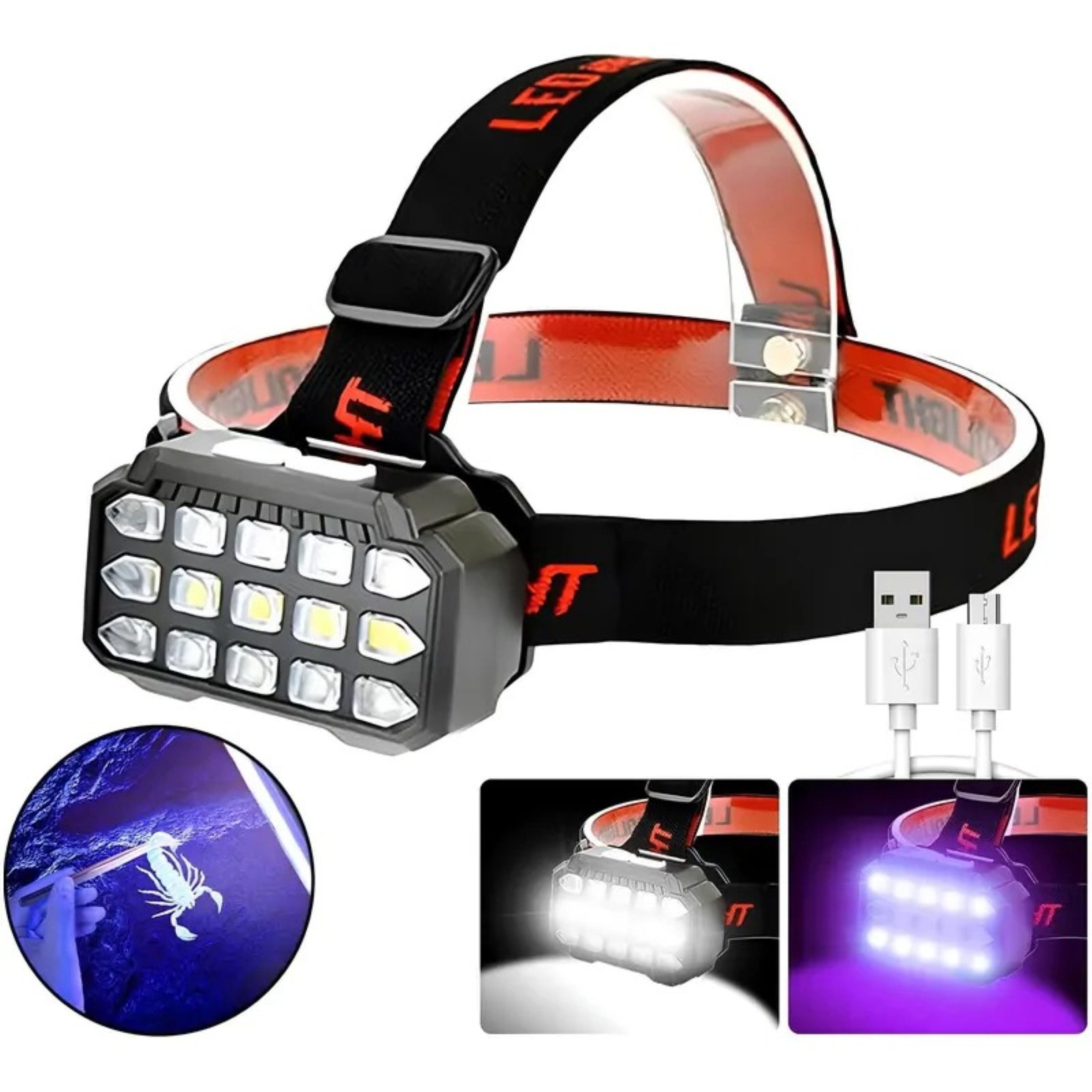 LED Stirnlampe UV LED Stirnlampe USB wiederaufladbar 1200mAh mit UV Licht IPX4