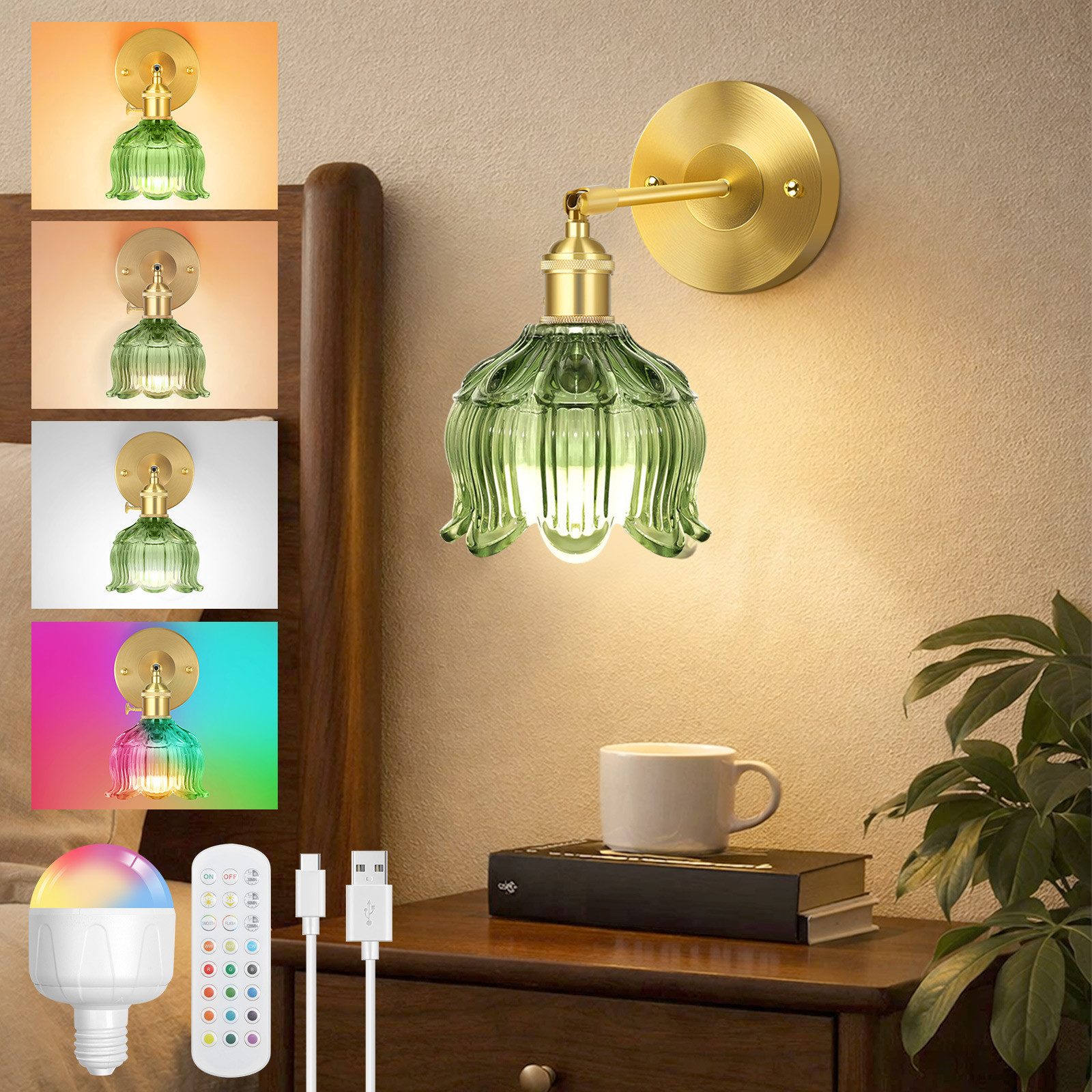 Lapalife Wandleuchte Akku Vintage Wandlampe Innen, Dimmbar,12 RGB-Modi mit Timer, LED fest integriert, Mit Fernbedienung Austauschbare Glühlampe Für Bedside Bedroom Indoor