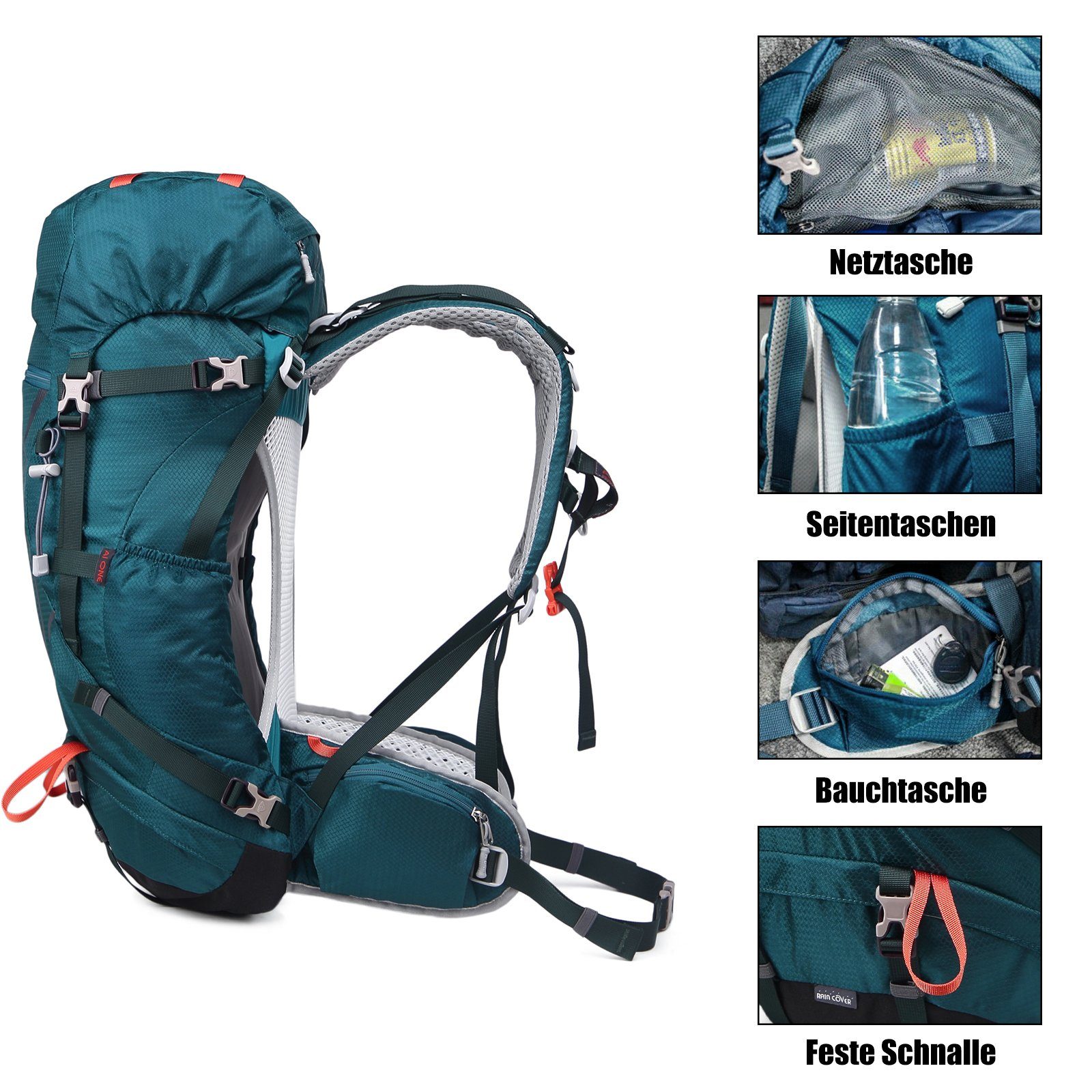 35L Trekking Camping Reisen mit Kletterrucksack TAN.TOMI Regenschutz Dunkelgrün Wasserdicht Multifunktionaler für (30L+5L) Wanderrucksack, (Einschließlich Regenschutz), Outdoor Großer