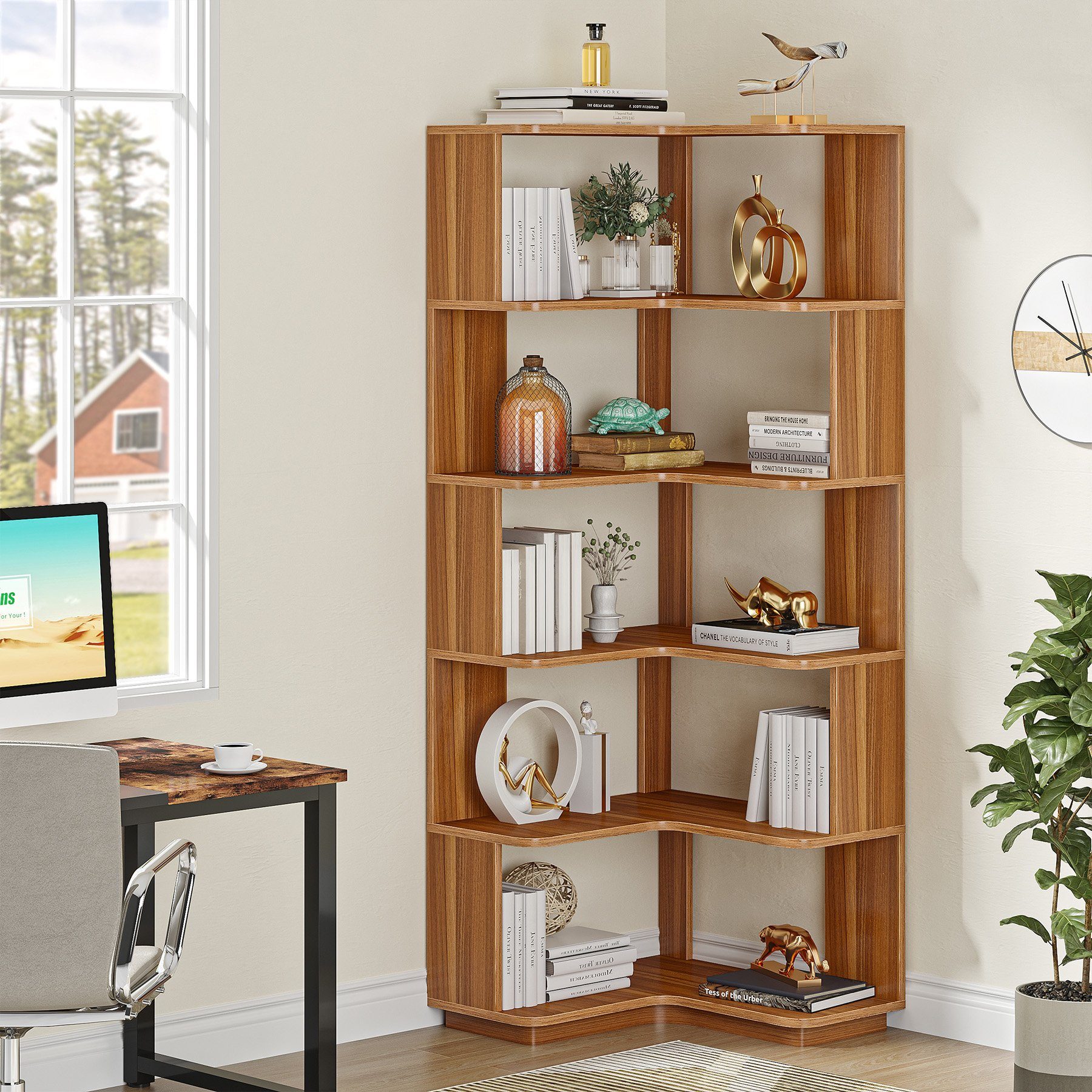 Nisorpa Eck-Bücherregal Mit 5 Fächern – Platzsparendes Holzregal Für Wohnzimmer, Schlafzimmer & Büro