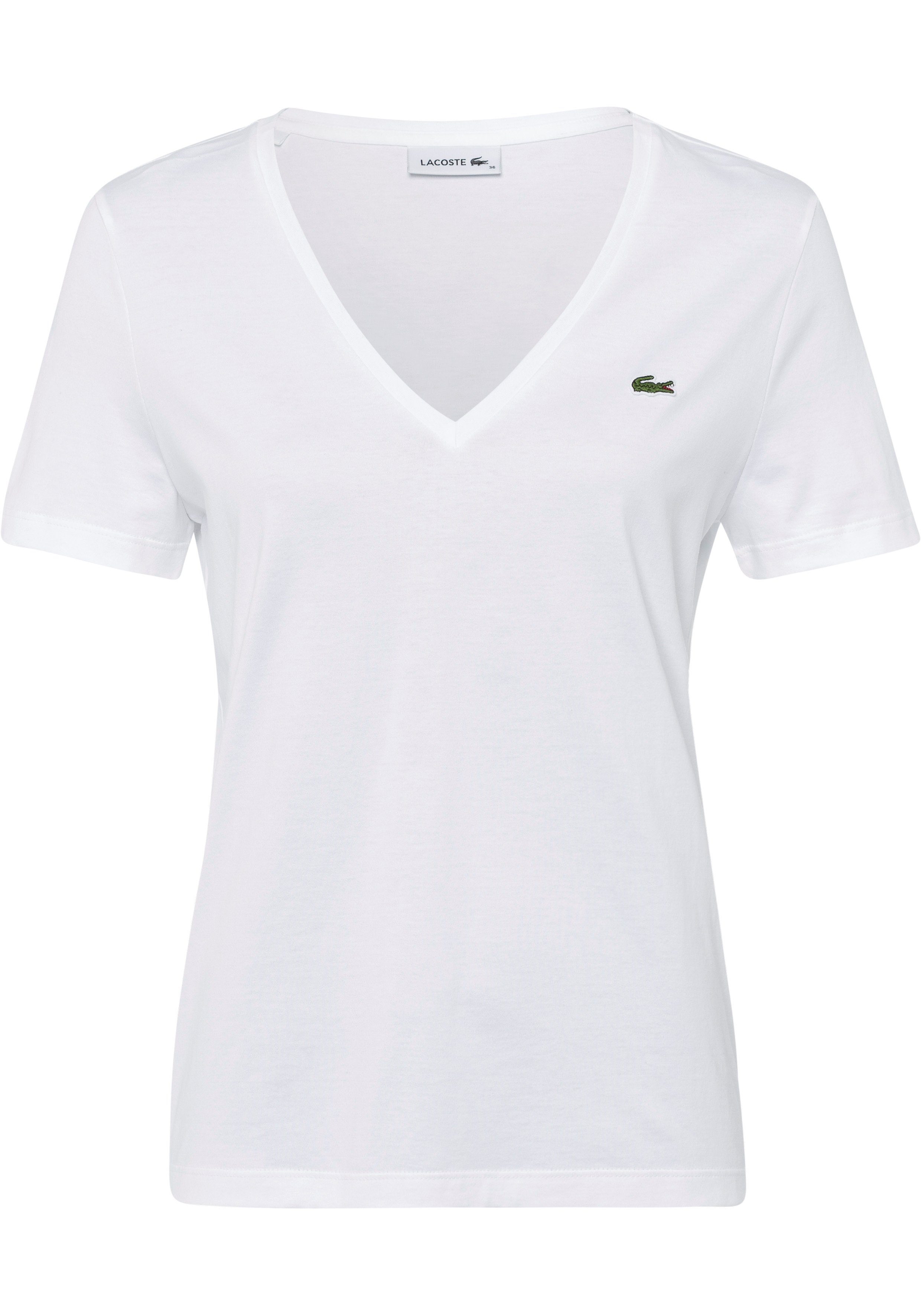 Lacoste T-Shirt Lacoste Damen-T-Shirt mit V-Ausschnitt (1-tlg) mit Logo-Patch auf der Brust weiß