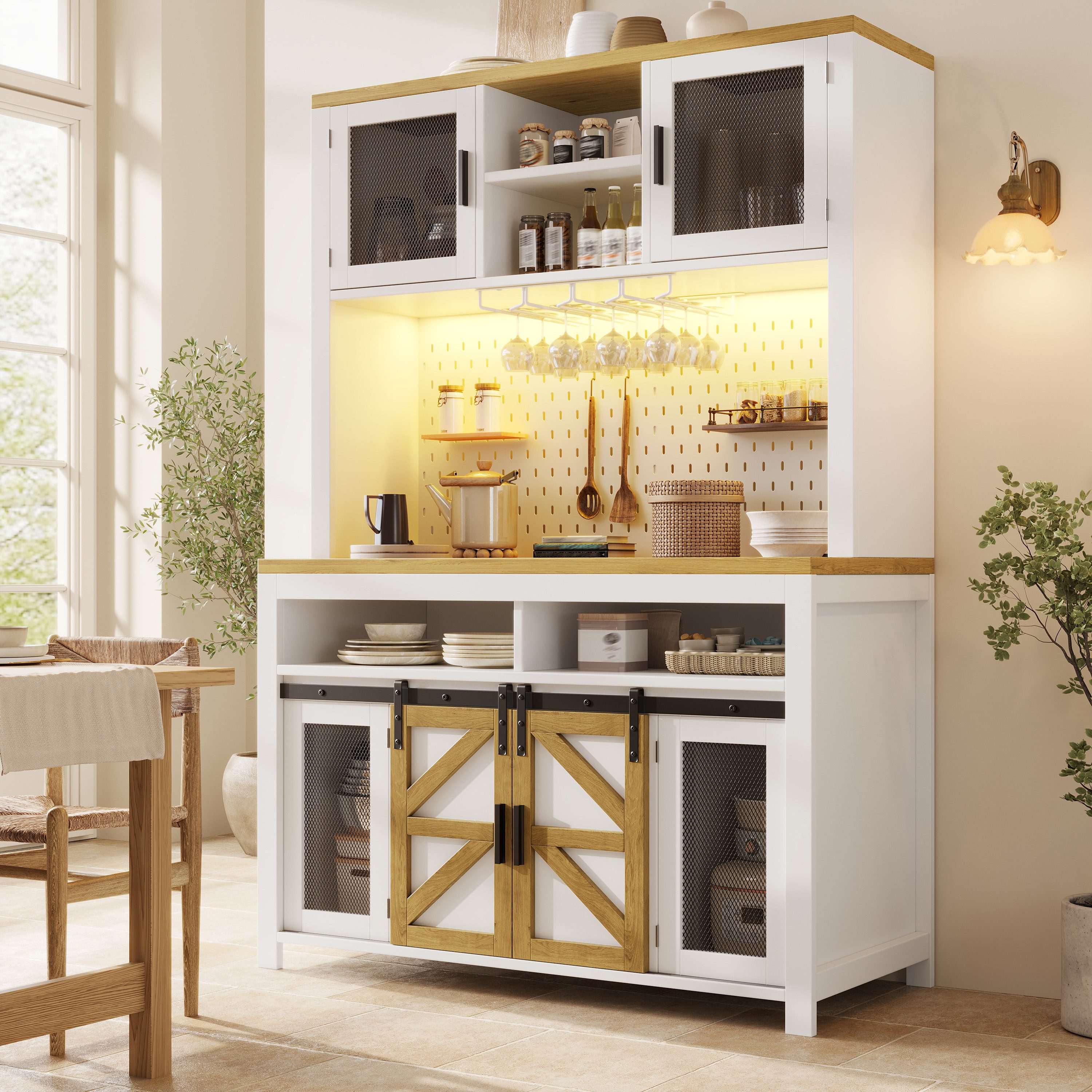 Flieks Küchenbuffet mit LED-Beleuchtung, Lochwand, USB-Anschluss und Schiebetüren (1-St., B120/T40/H174,5 cm) Küchenschrank Hochschrank mit Metallgittertüren und Steckdosen Weiß