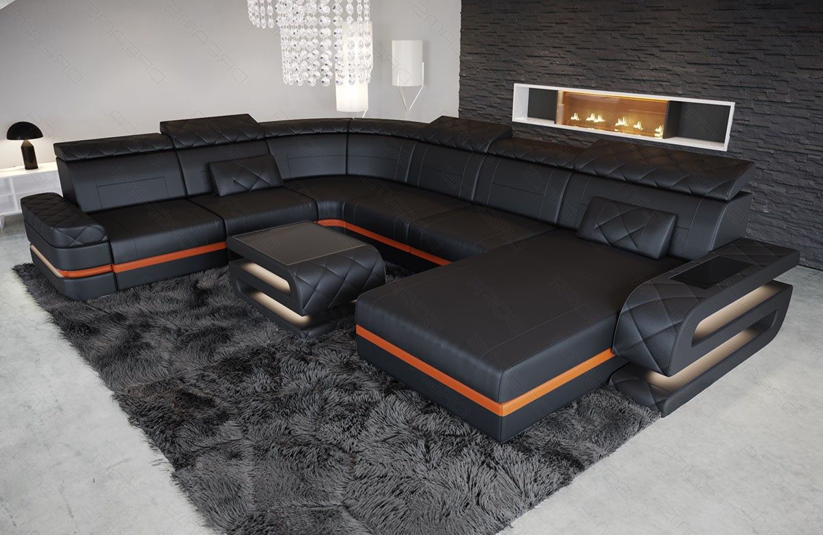 Sofa Dreams Wohnlandschaft XXL Ledersofa Bologna U Form Mini, Designersofa, Sofa mit Licht und USB
