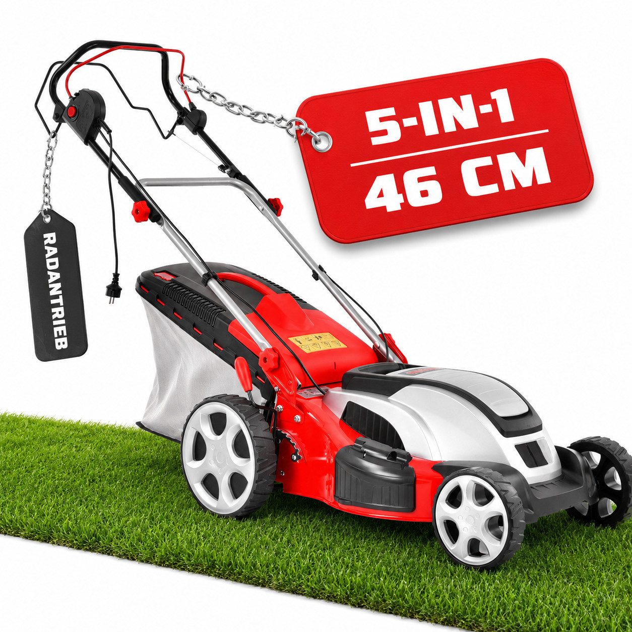 Hecht Elektrorasenmäher 1803 S mit Radantrieb Mulchkit 5in1, 46 cm Schnittbreite, 1800 Watt, 60 Liter Fangkorb, 3,6 km/h