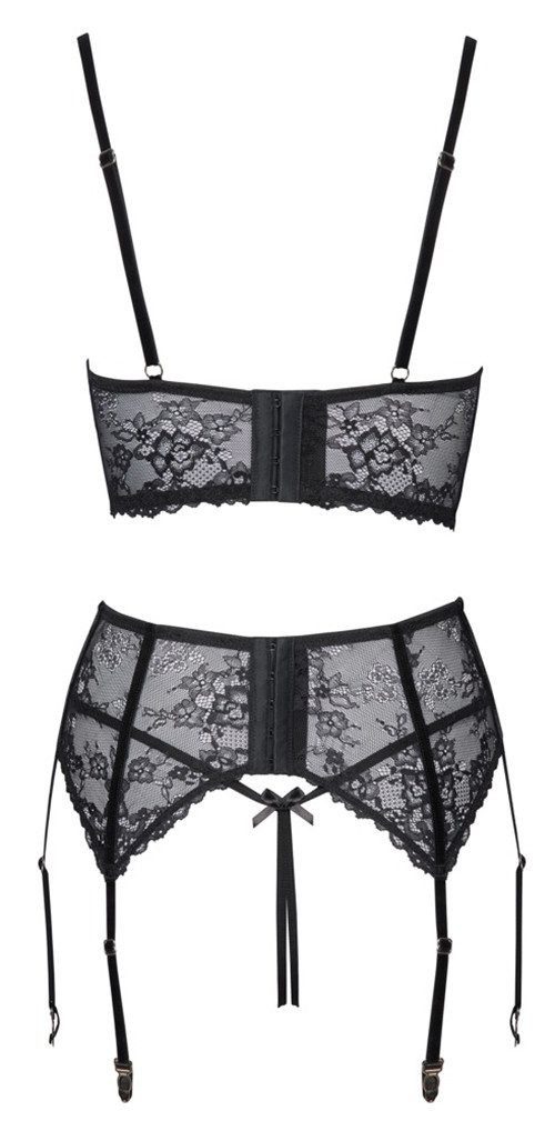Cottelli Collection Set: Bügel-BH Dessous-Set: Brustfreier BH, String und Strapsgürtel - schwarz (3-tlg) Mit feiner weicher Stretch-Spitze gearbeitet