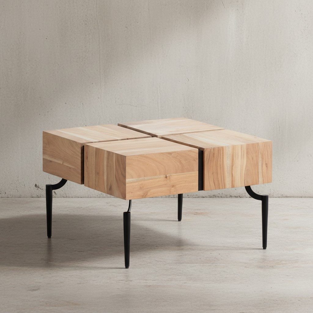 KADIMA DESIGN Couchtisch Couchtisch Akazie Massivholz 60x60x40 cm Quadratisch mit (Modern, Kaffeetisch Cube Braun / Schwarz), Metallgestell, Kleiner Sofatisch Würfel-Form, Wohnzimmertisch Couch