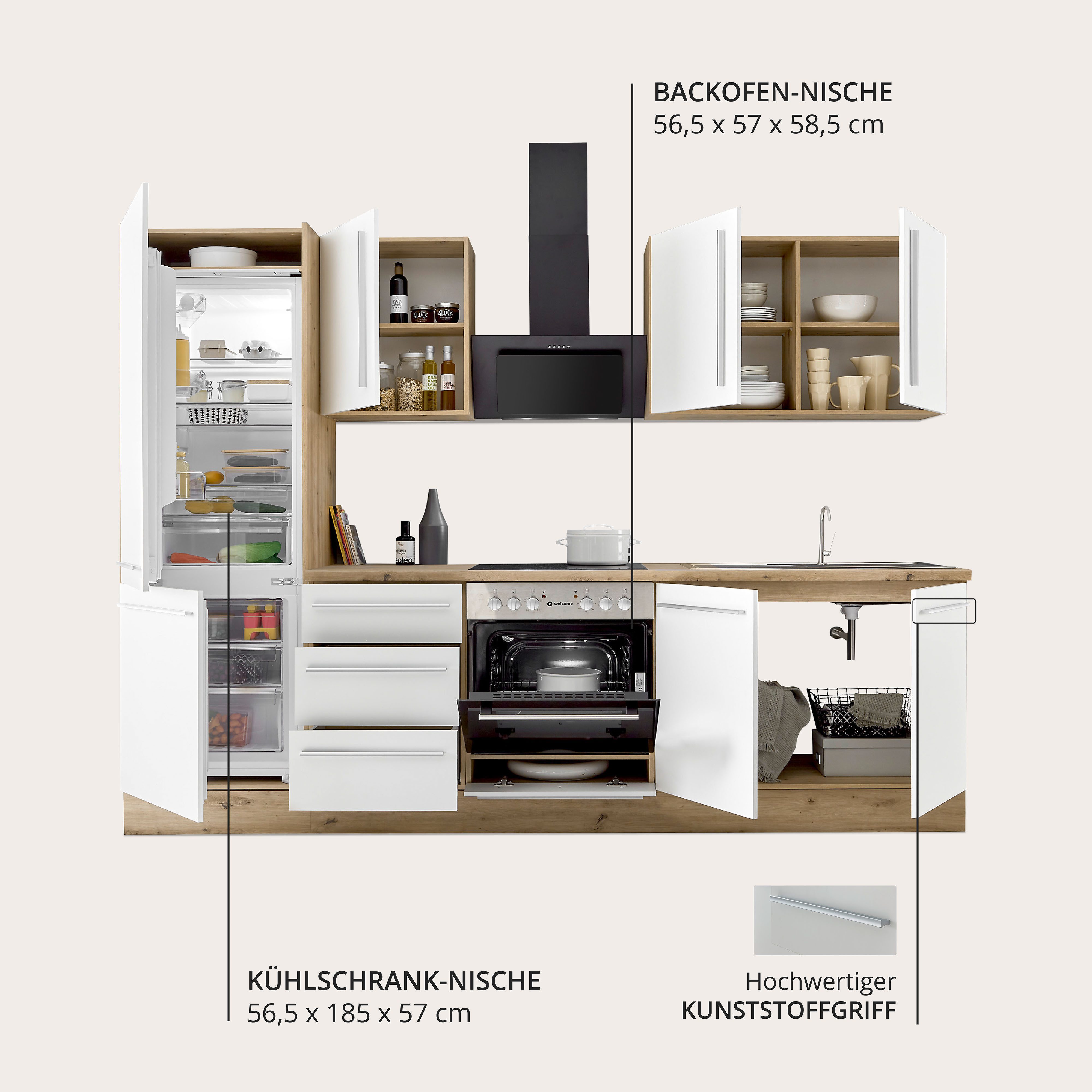 KOCHSTATION Küchenzeile KS-Florida mit 38mm starker Arbeitsplatte, Breite 270 cm, wahlweise mit E-Geräten, Soft-Close-Funktion