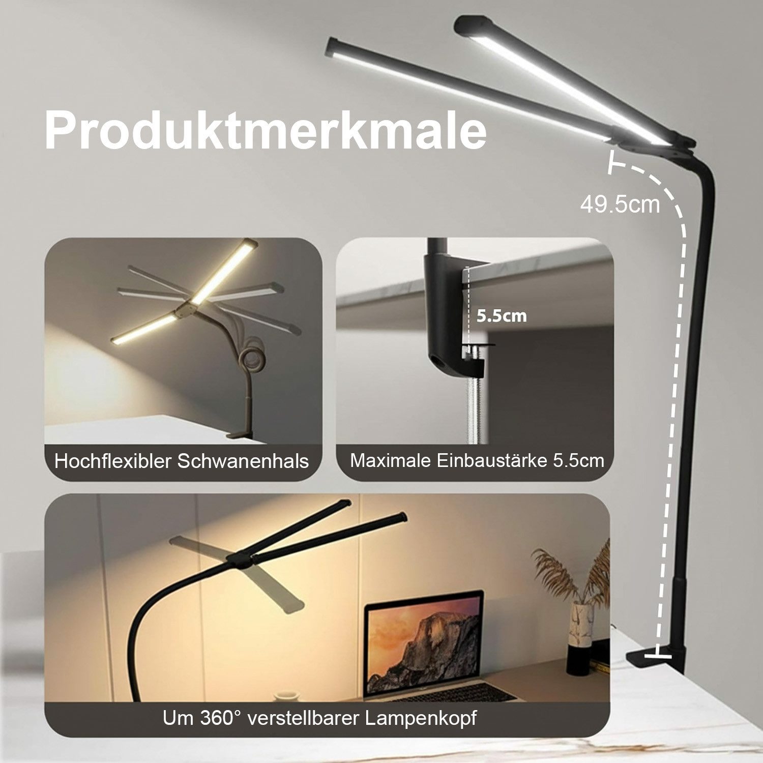 Lapalife Schreibtischlampe Tischlampe Klemmbar, Doppelkopf, 3 Farbtemperatur 10 Helligkeit, LED fest integriert, Augenschutz Tageslichtlampe, Schwanenhals für Homeoffice, Büro