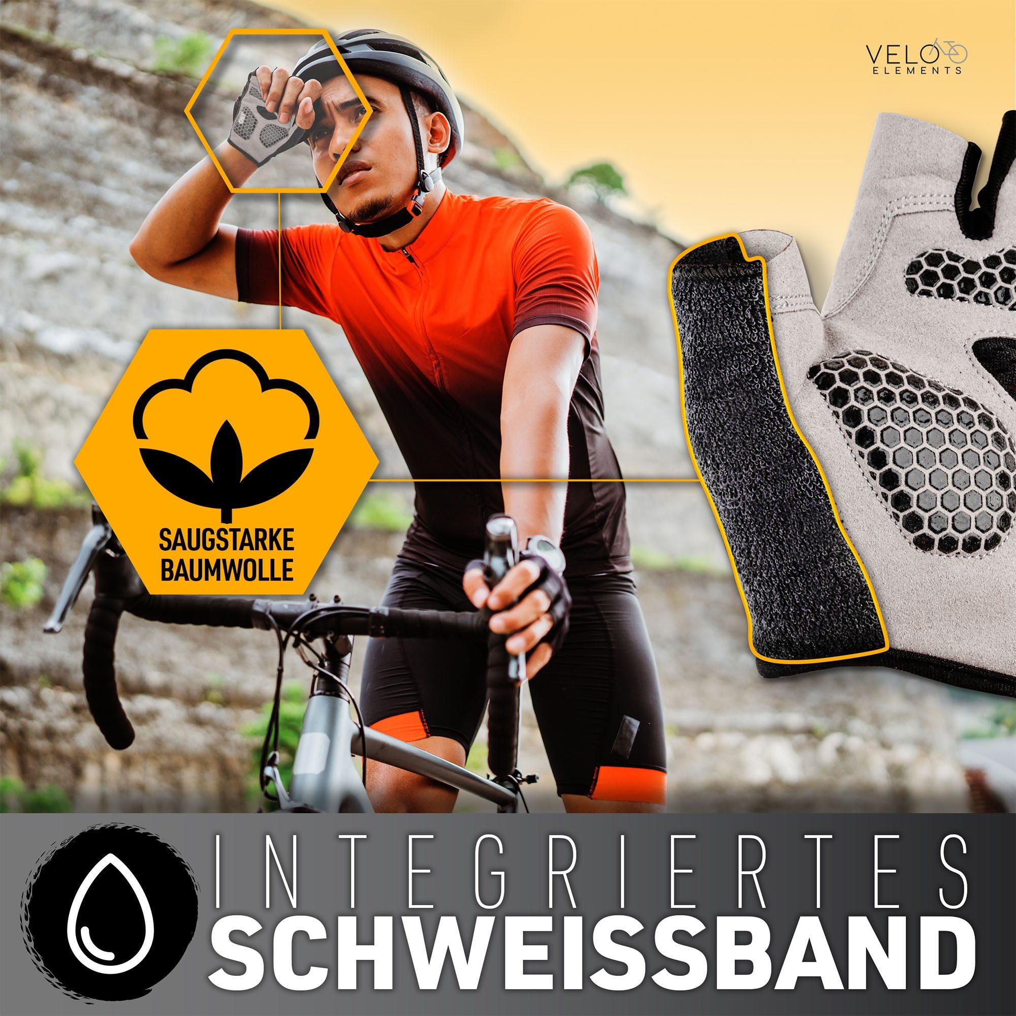 VELOElements® Fahrradhandschuhe VELOElements® Schweiband, atmungsak mit integriertem Fahrradhandschuhe