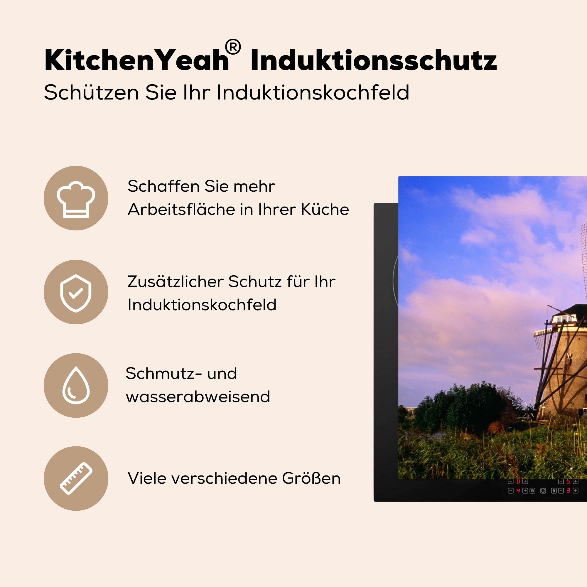 Mühle (1 rosa Induktionskochfeld küche, die cm, Wolken in tlg), für Vinyl, Herdblende-/Abdeckplatte Ceranfeldabdeckung für MuchoWow 81x52 Kinderdijk, Schutz