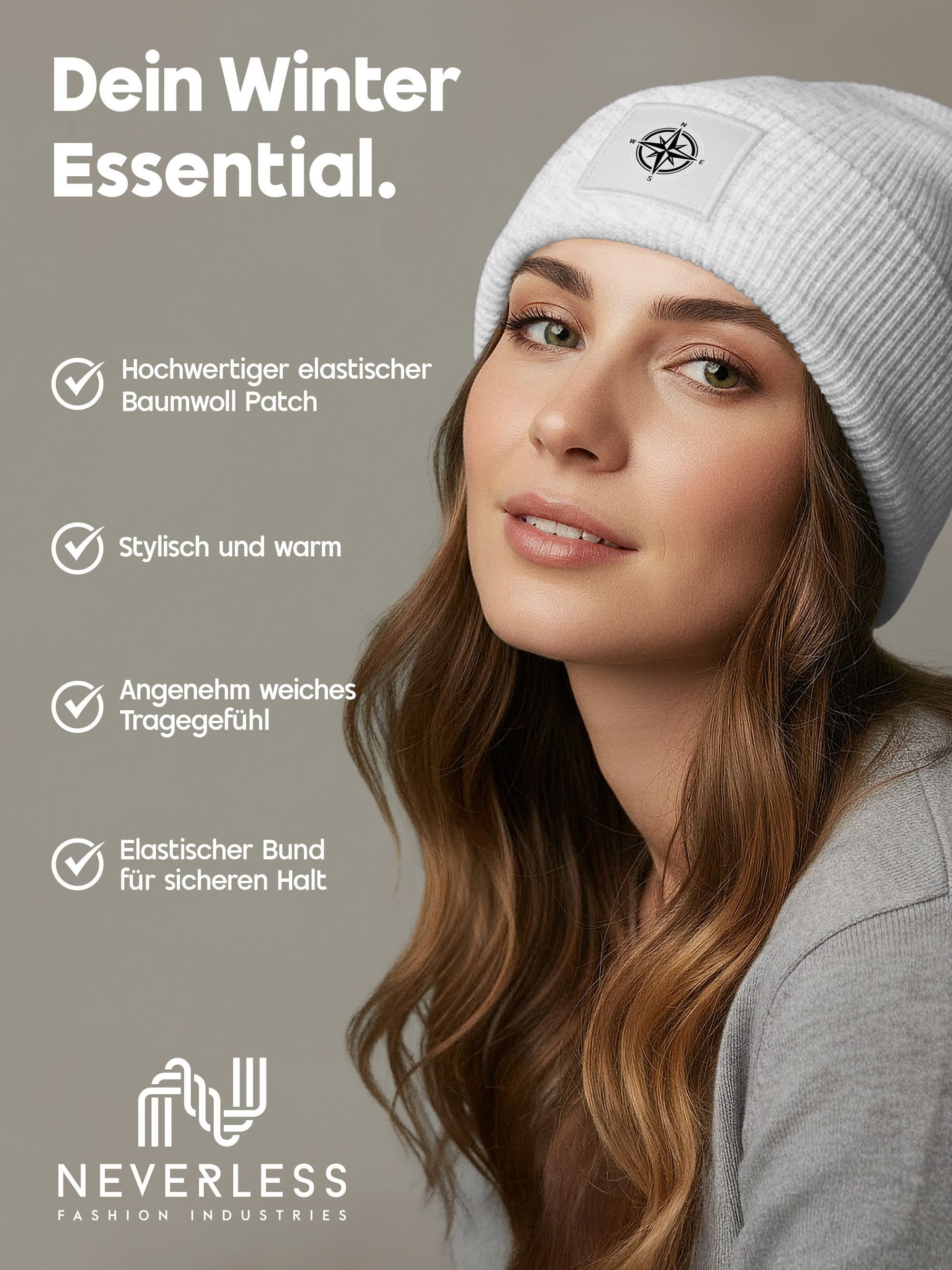Neverless Strickmütze Damen Beanie Patch Aufdruck Windrose Logo Print Wintermütze