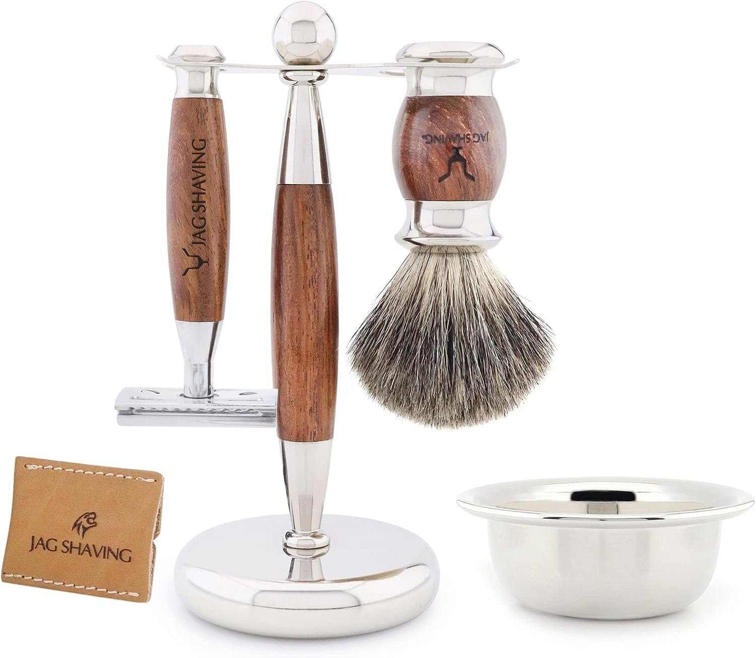 JAG SHAVING Rasierpinsel-Set Rasierpinsel aus Super-Synthetikhaar – Rasierhobel mit Doppelklinge, 5 tlg.