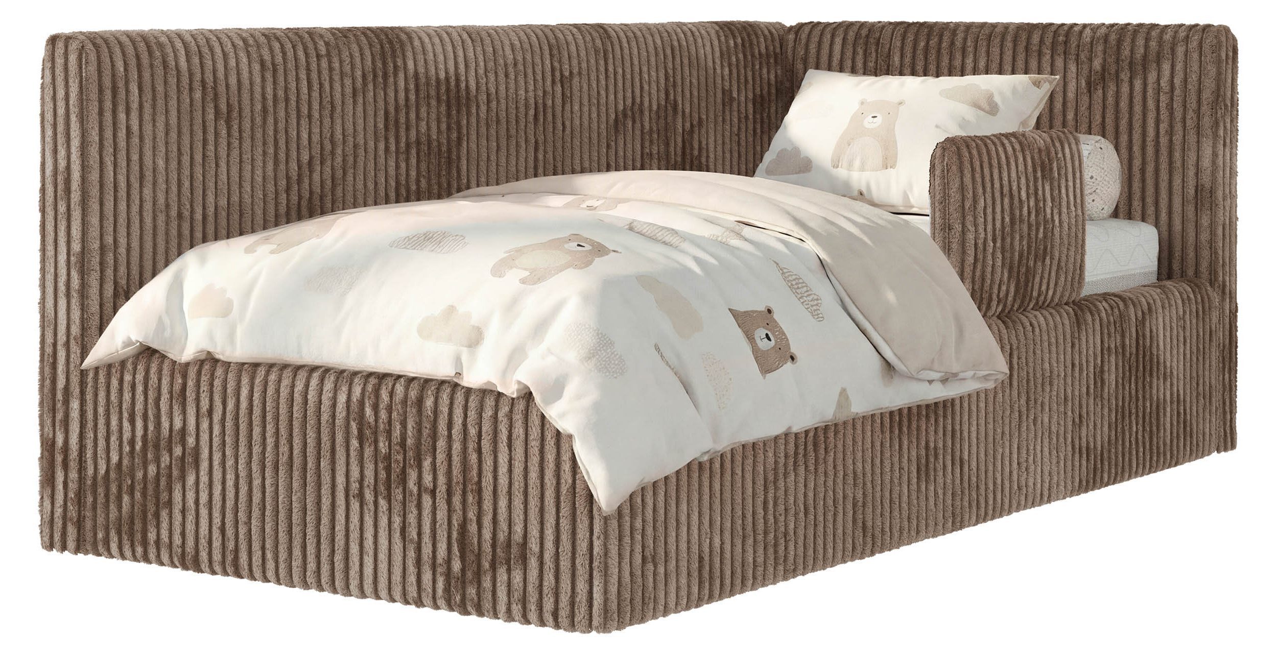 MKS MÖBEL Kinderbett TILVO ALTA (Set, Cordstoff Bett, inkl. Lattenrost, Bettkasten, Sicherheitsbarriere & Kopfteil), Eckbett mit Stauraum, Rausfallschutz & Gasdruckfedern