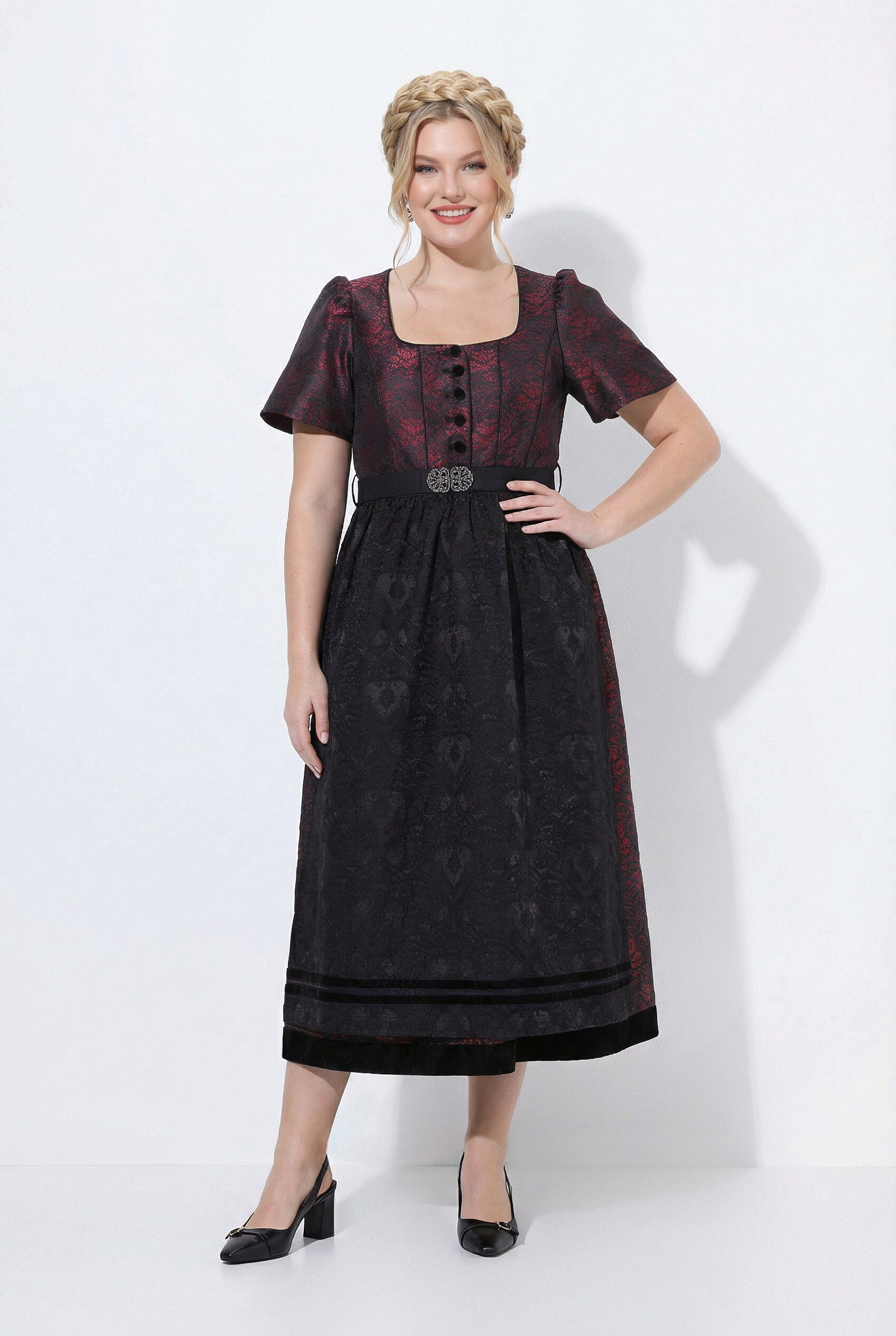 Ulla Popken Dirndl Dirndl Jacquard Carré-Ausschnitt Puff-Halbarm