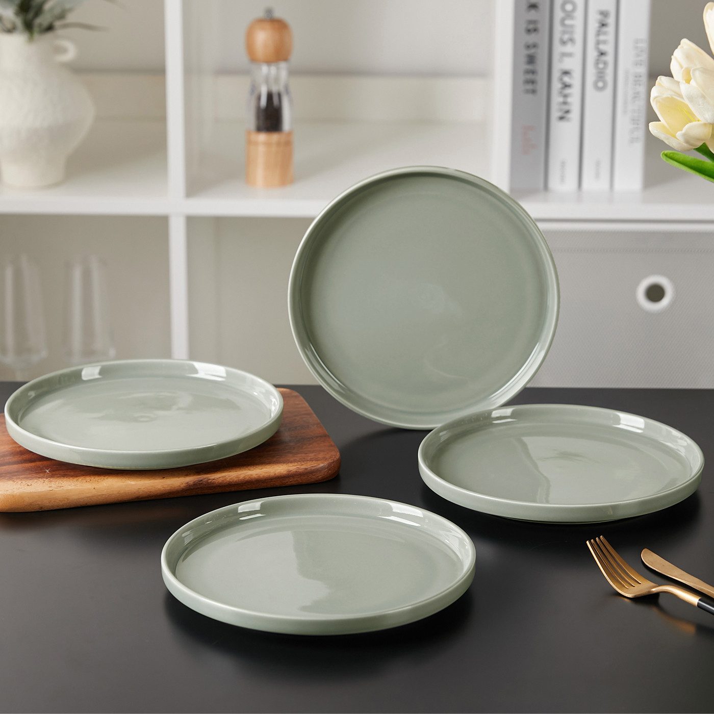 JIWOO Teller 4er Ø21cm,Frühstücksteller Steakteller Pastateller Brotteller Plate, (4 St), Keramik Hochwertiges Tellerset Grau Mikrowellen spülmaschinenfest